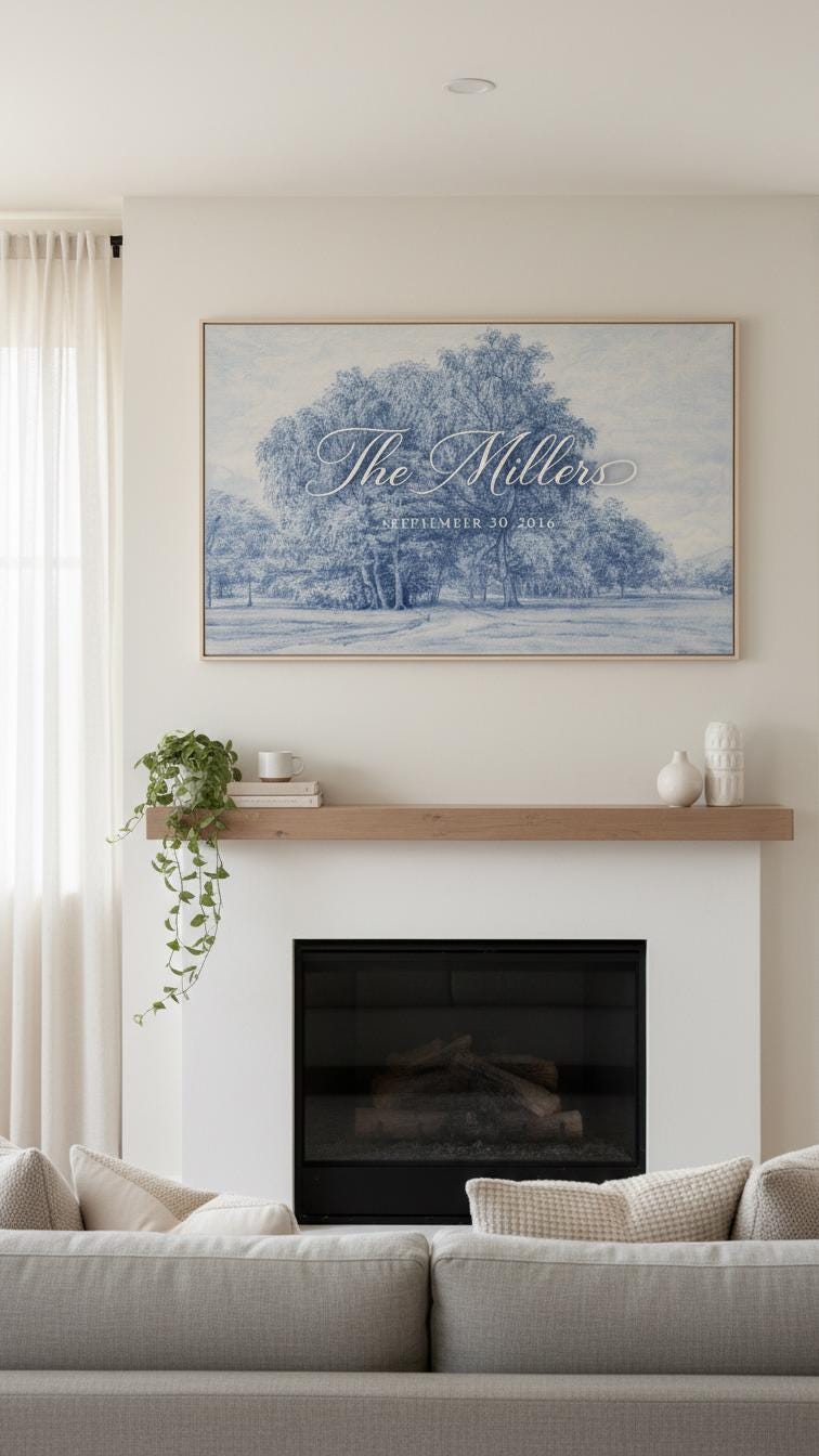 May include: A framed blue and white landscape art piece with the text "The Millers September 30, 2016" hangs above a white fireplace. A wooden mantel holds a small plant, books, and decorative vases. A gray sofa sits in front of the fireplace.