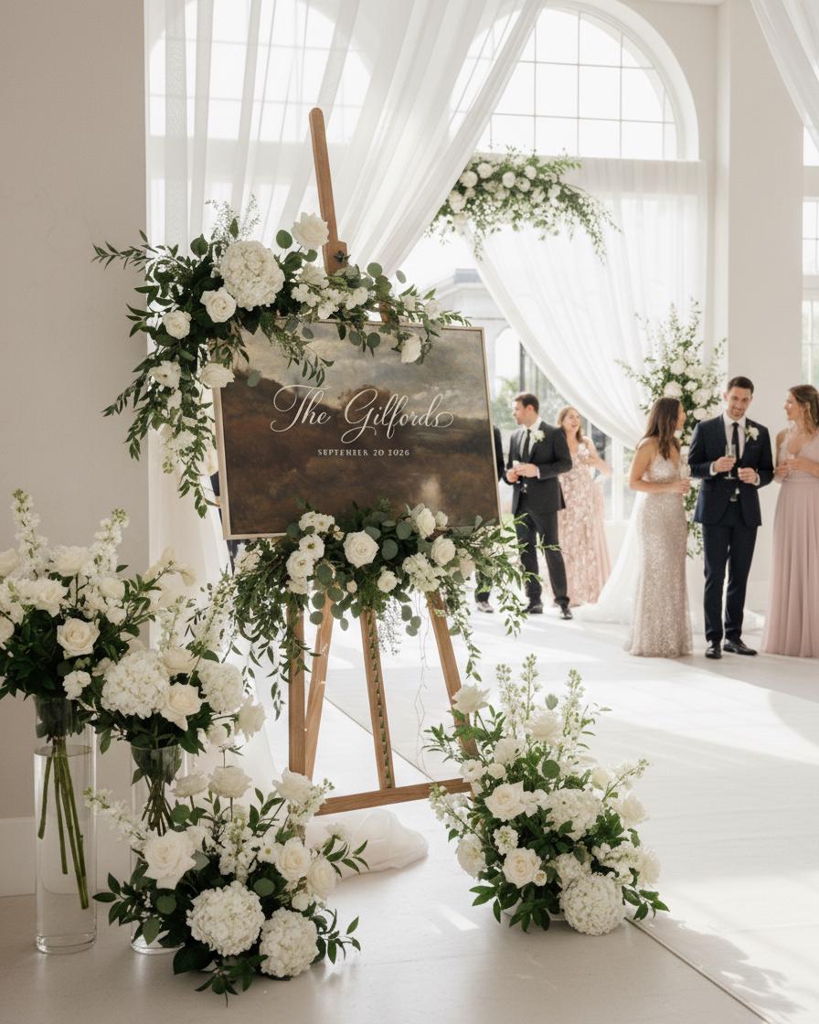May include: A wooden easel displays a sign with the text "The Giffords" and the date "September 20 2026". The sign is surrounded by white flowers and greenery. Additional floral arrangements and guests are visible in the background, suggesting a wedding or special event.