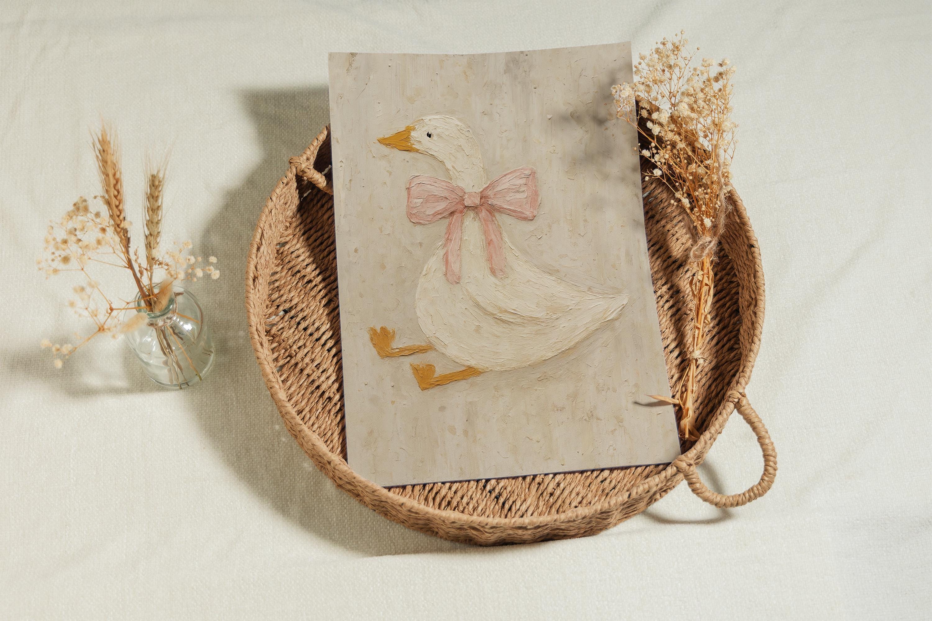 Vintage Duck Nursery Art: Canvas-Style Print with Pink Bow FG4890