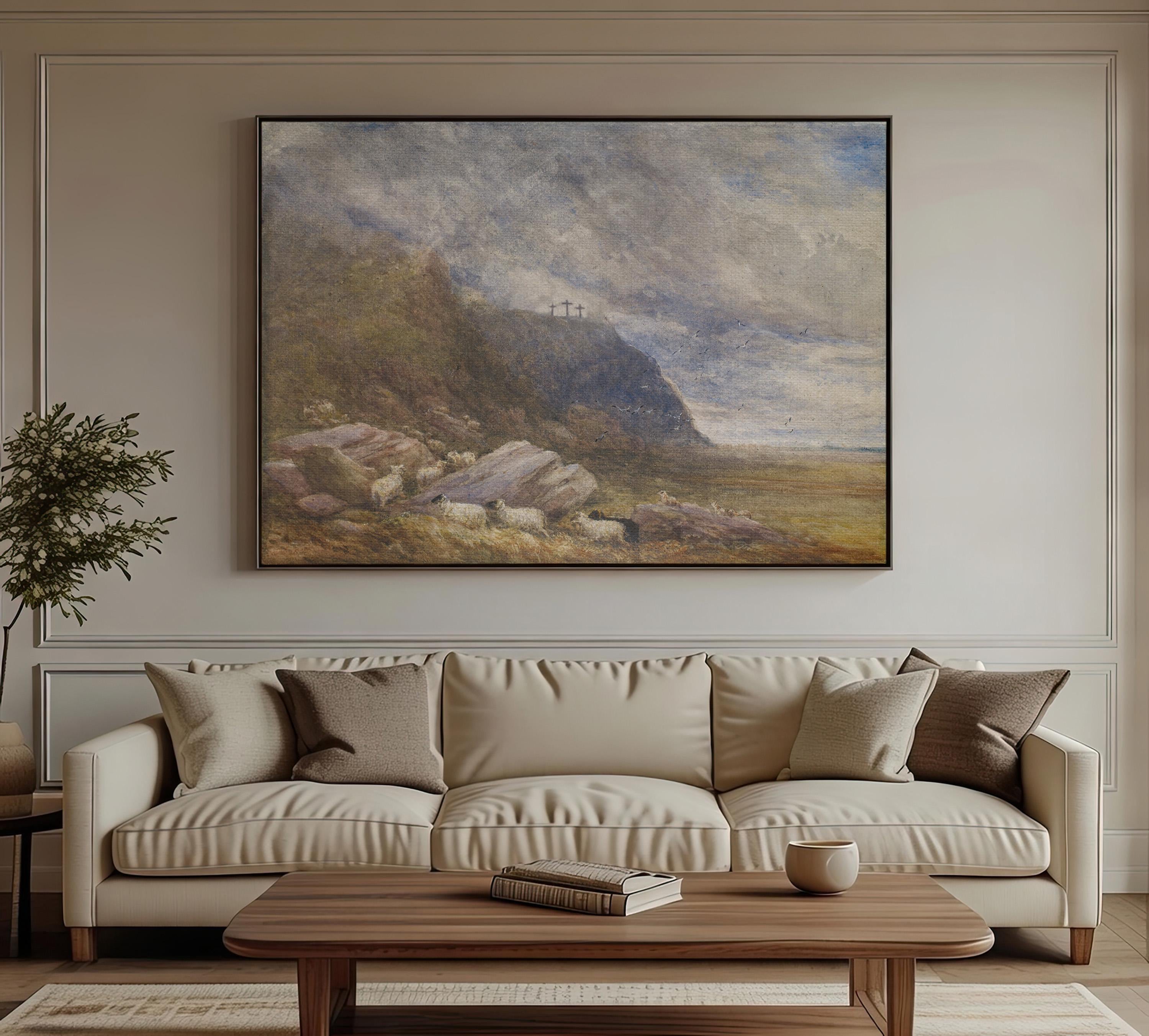 Calvary Landscape Christian Wall Art, Three Crosses Biblical Painting, Faith Based Landscape Artwork, Subtle Christian Home Decor