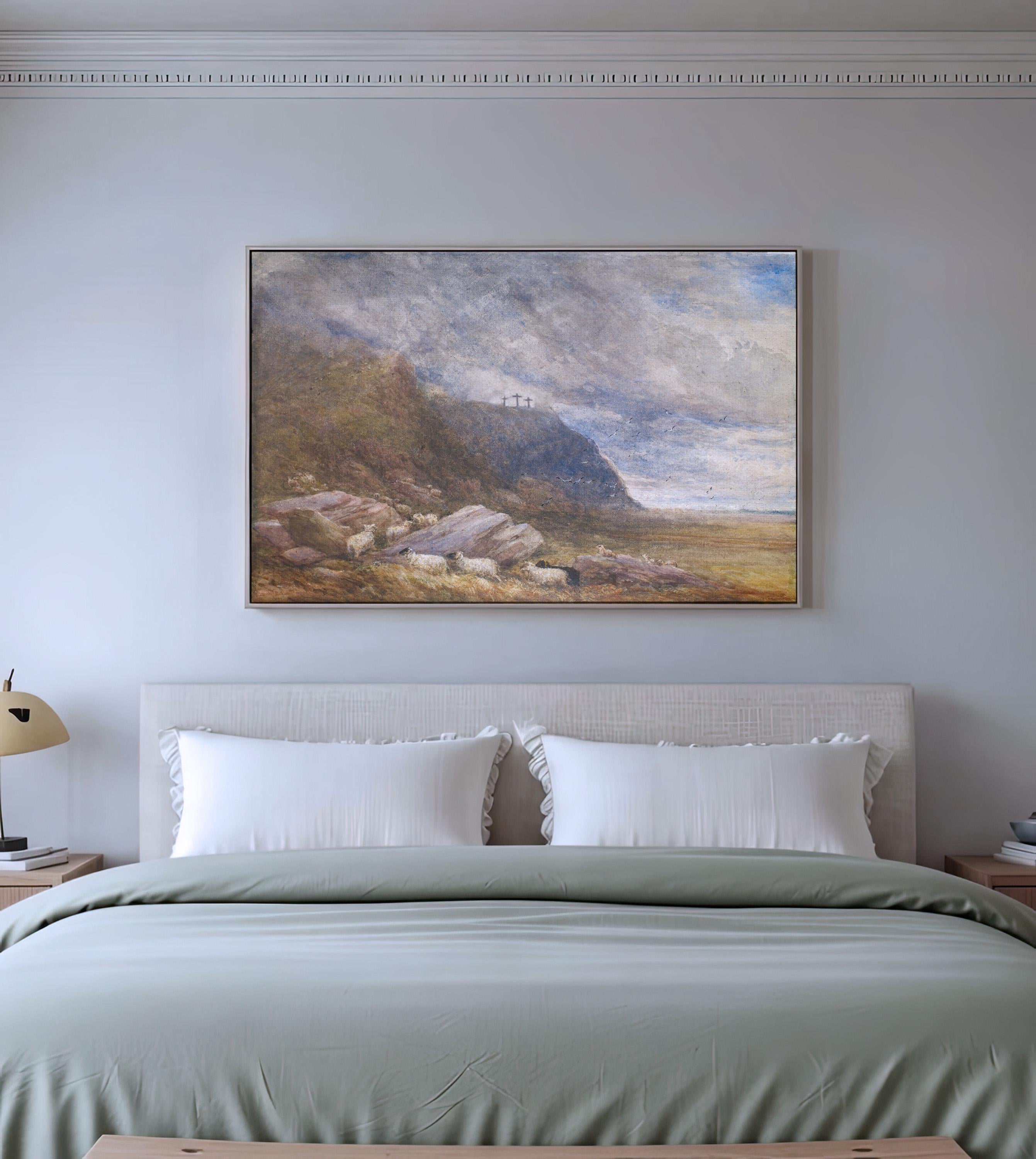 Calvary Landscape Christian Wall Art, Three Crosses Biblical Painting, Faith Based Landscape Artwork, Subtle Christian Home Decor