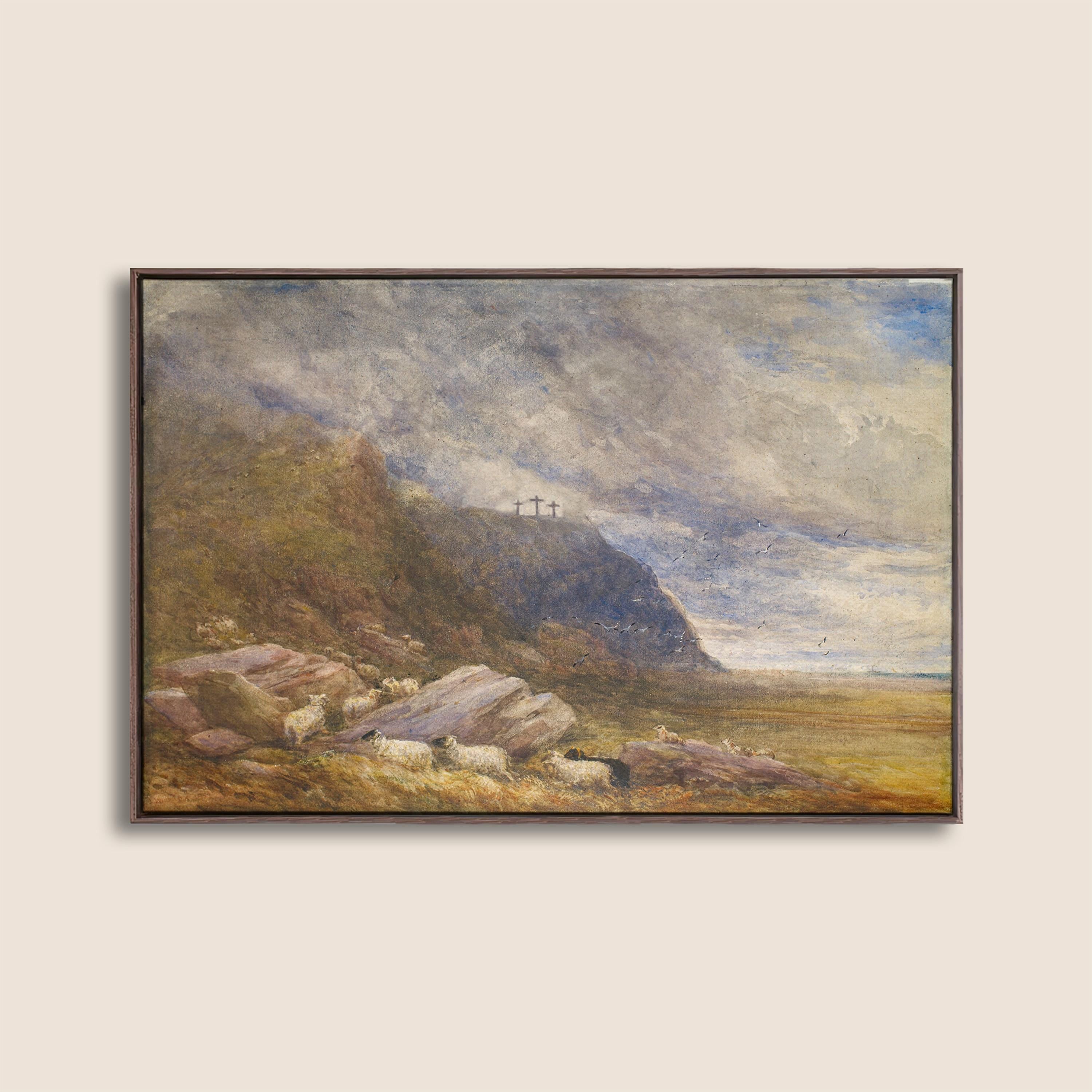 Calvary Landscape Christian Wall Art, Three Crosses Biblical Painting, Faith Based Landscape Artwork, Subtle Christian Home Decor