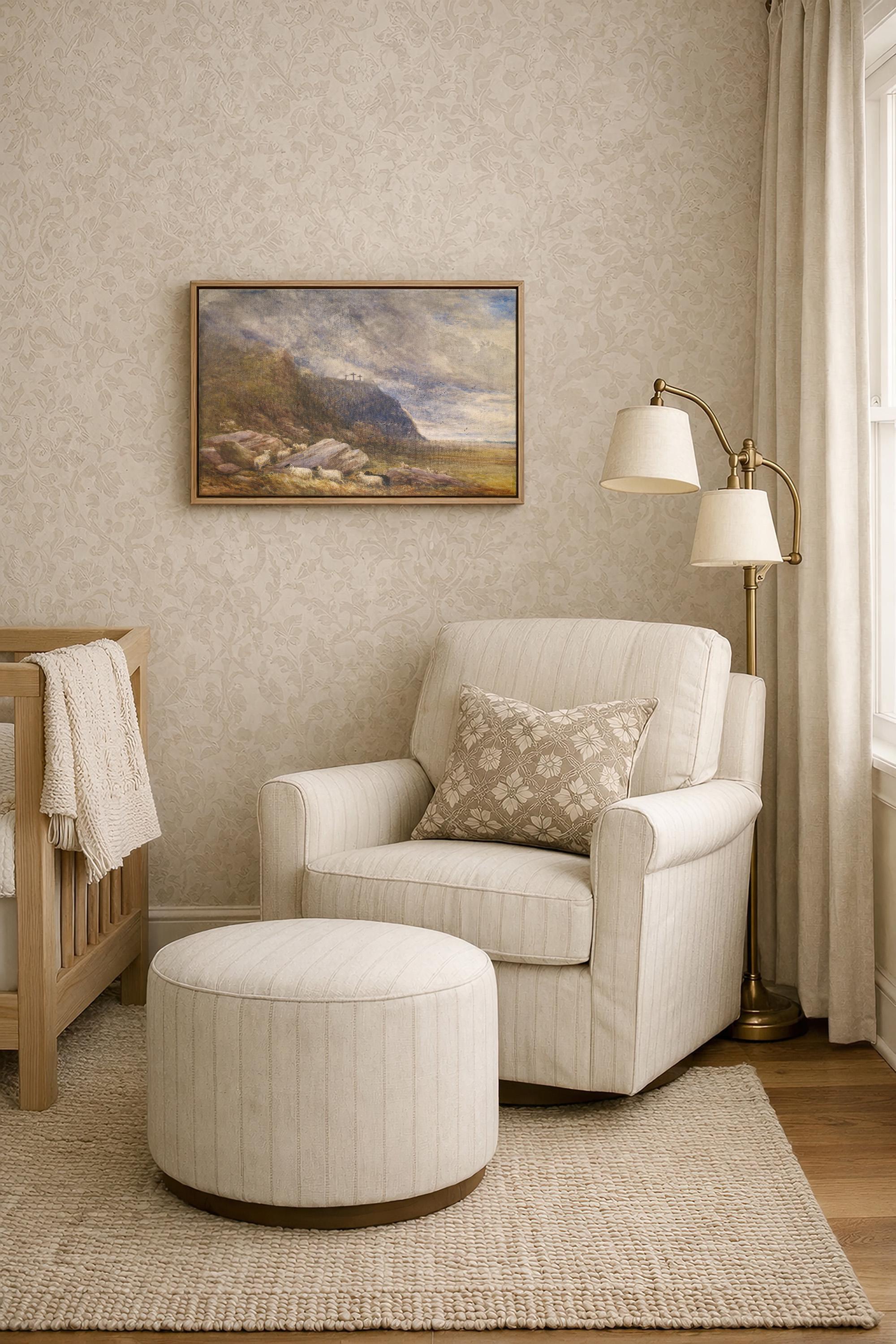 Calvary Landscape Christian Wall Art, Three Crosses Biblical Painting, Faith Based Landscape Artwork, Subtle Christian Home Decor