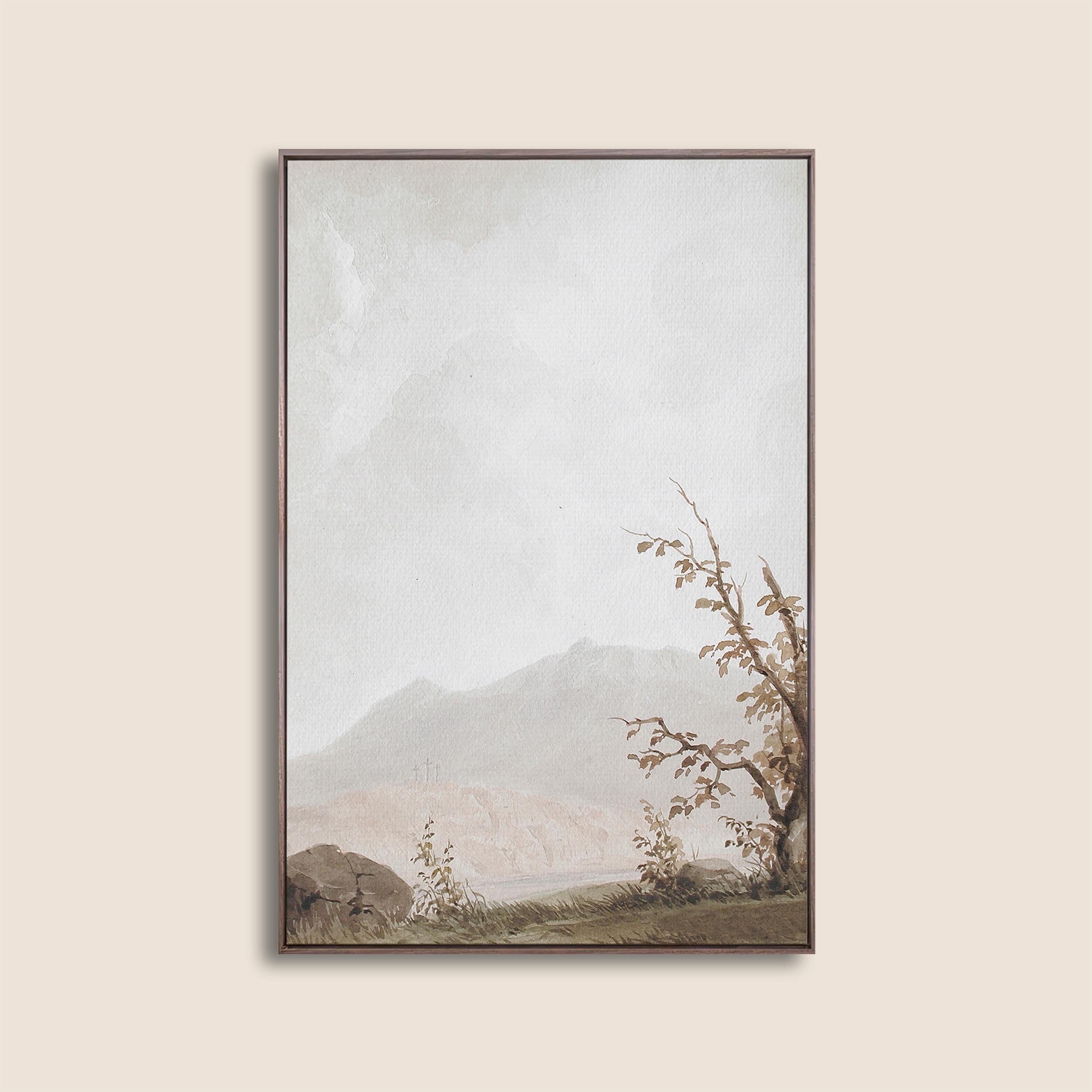 Calvary Landscape Wall Art, Faith Inspired Mountain Scene with Three Crosses, Neutral Christian Artwork, Subtle Biblical Home Decor