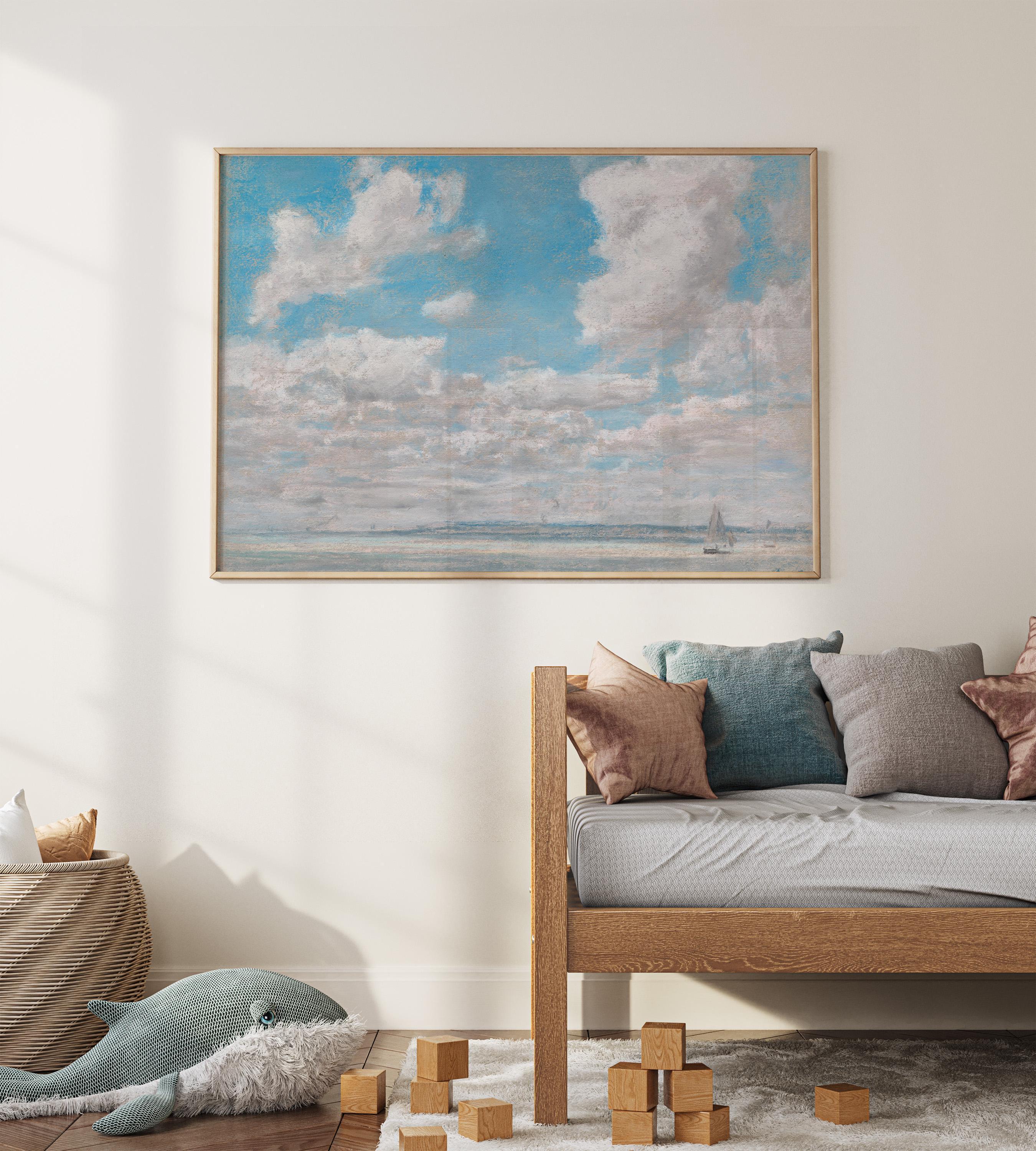 Neutral Nursery Landscape Wall Art – Soft Pastoral Ocean Print– Gender Neutral Baby Room Decor – Minimalist Nursery Artwork