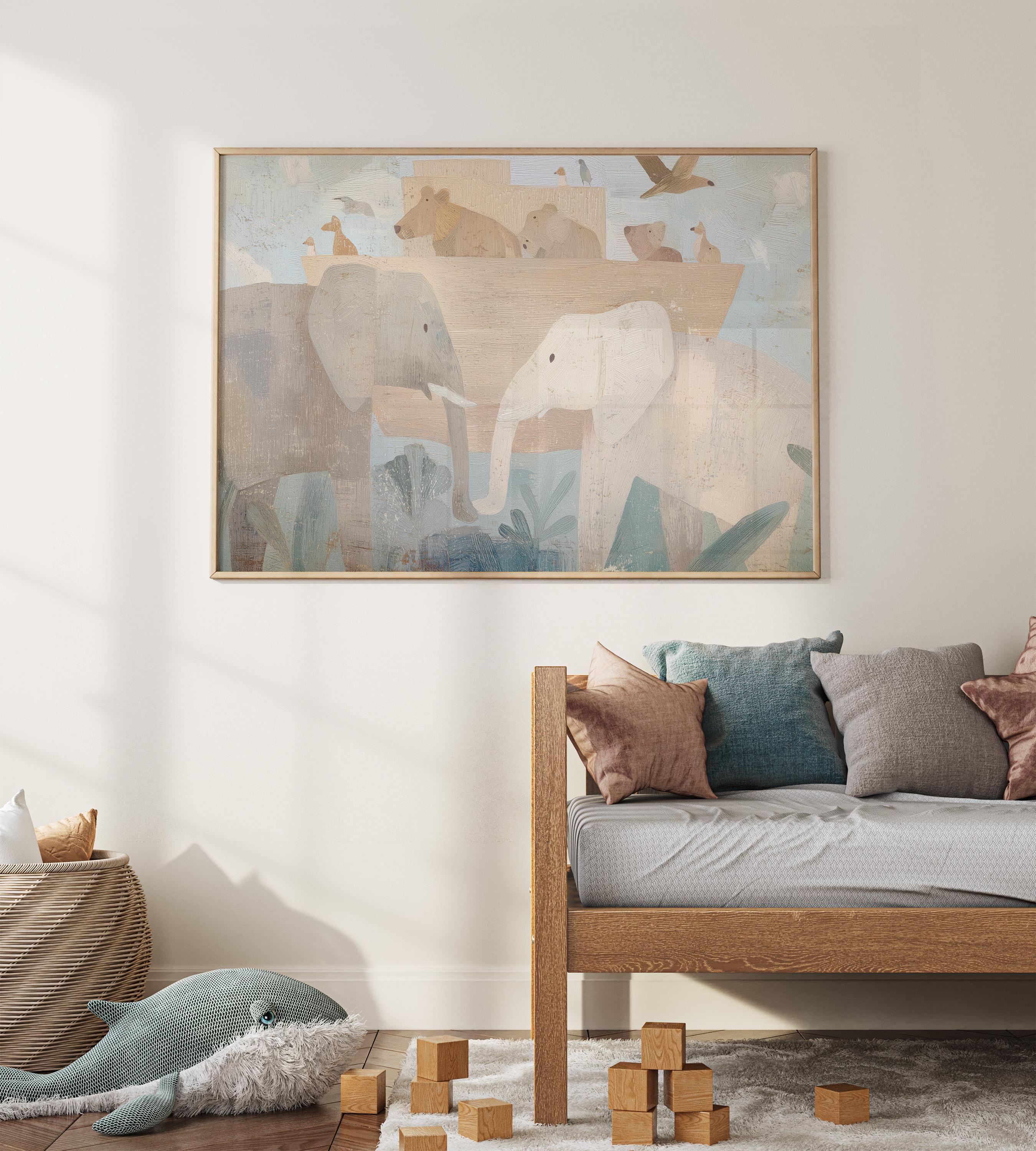 Noah’s Ark Neutral Nursery Art, Christian Animal Print, Abstract Faith Kids Room Decor