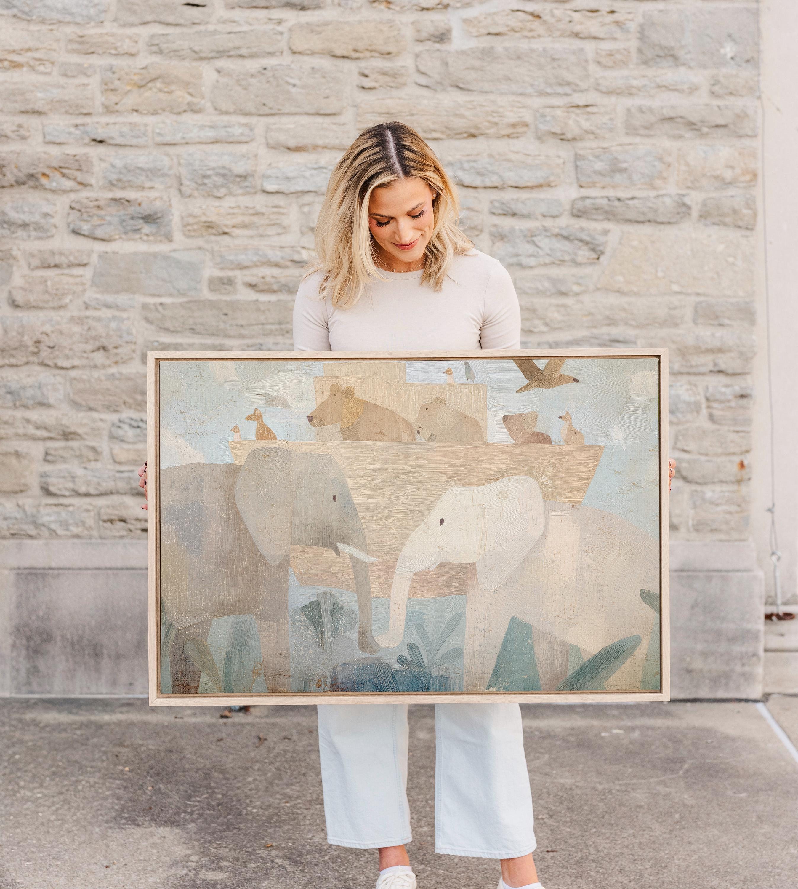 Noah’s Ark Neutral Nursery Art, Christian Animal Print, Abstract Faith Kids Room Decor