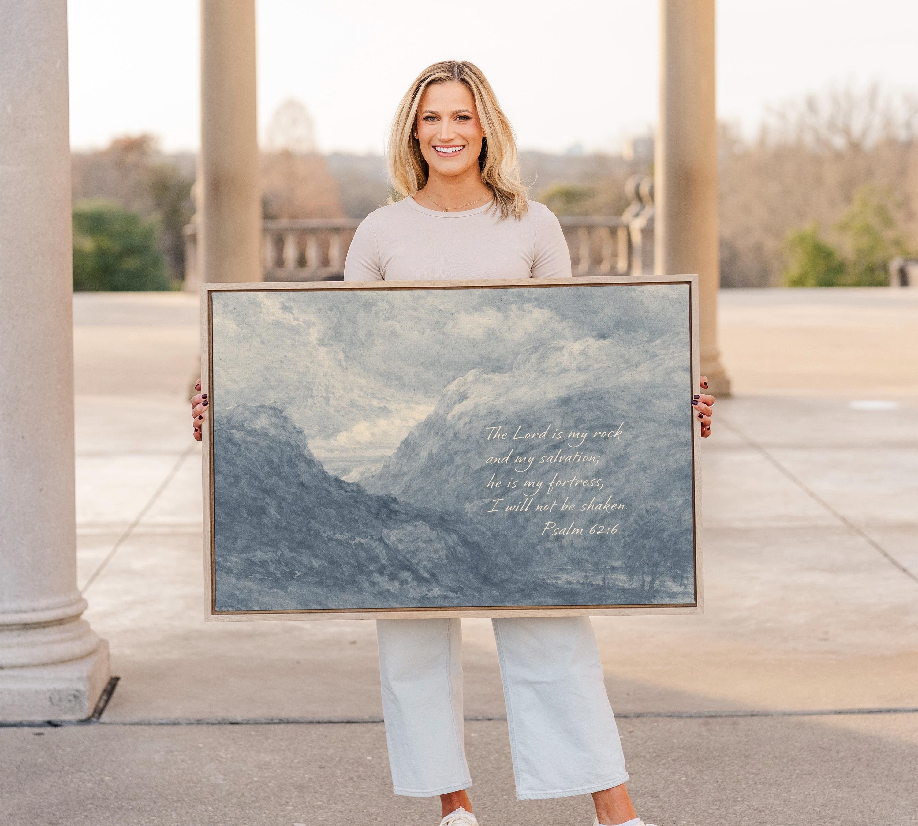 Psalm 62:6 Wall Art – The Lord Is My Rock – Blue Mountain Christian Landscape Print – Vintage Scripture Wall Decor