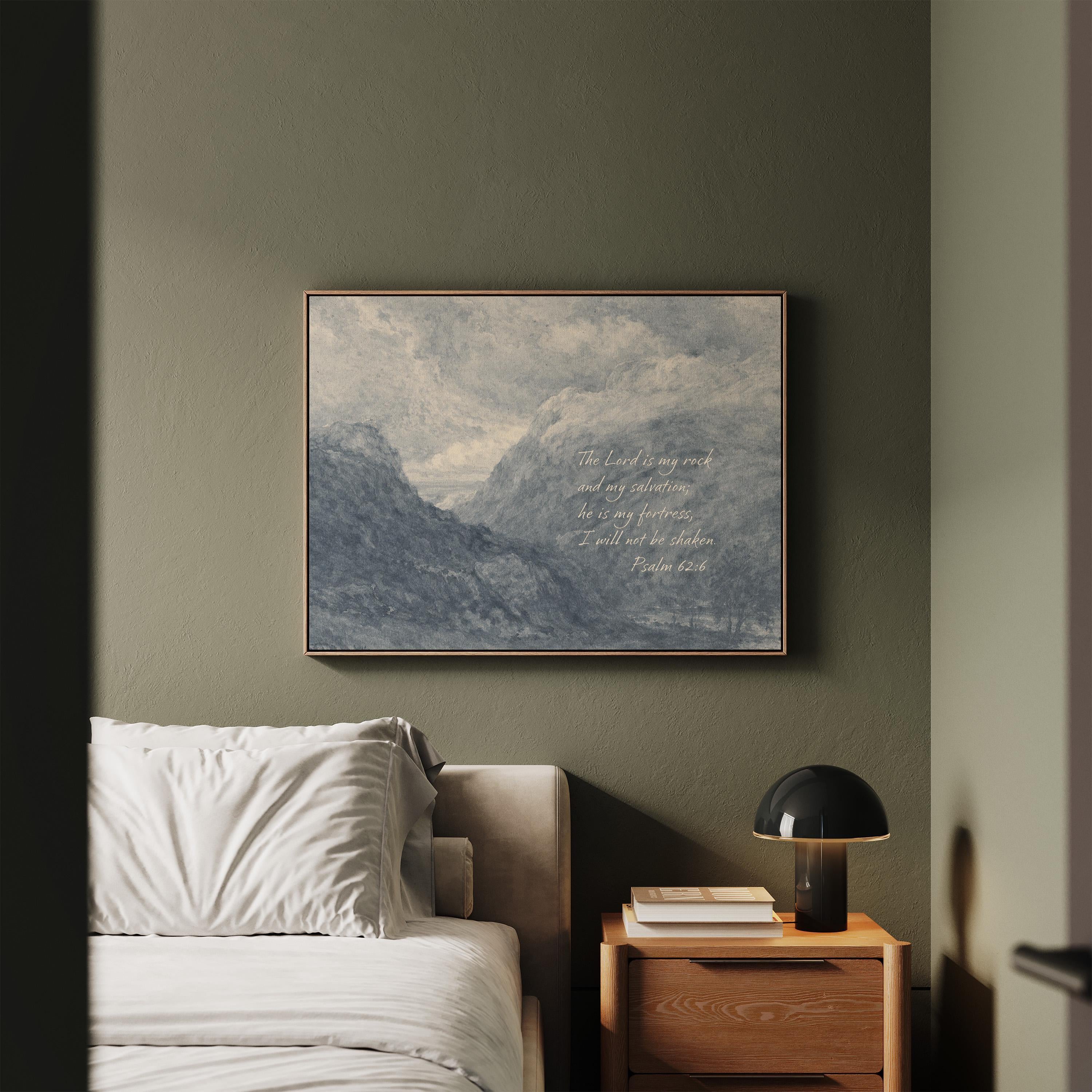 Psalm 62:6 Wall Art – The Lord Is My Rock – Blue Mountain Christian Landscape Print – Vintage Scripture Wall Decor