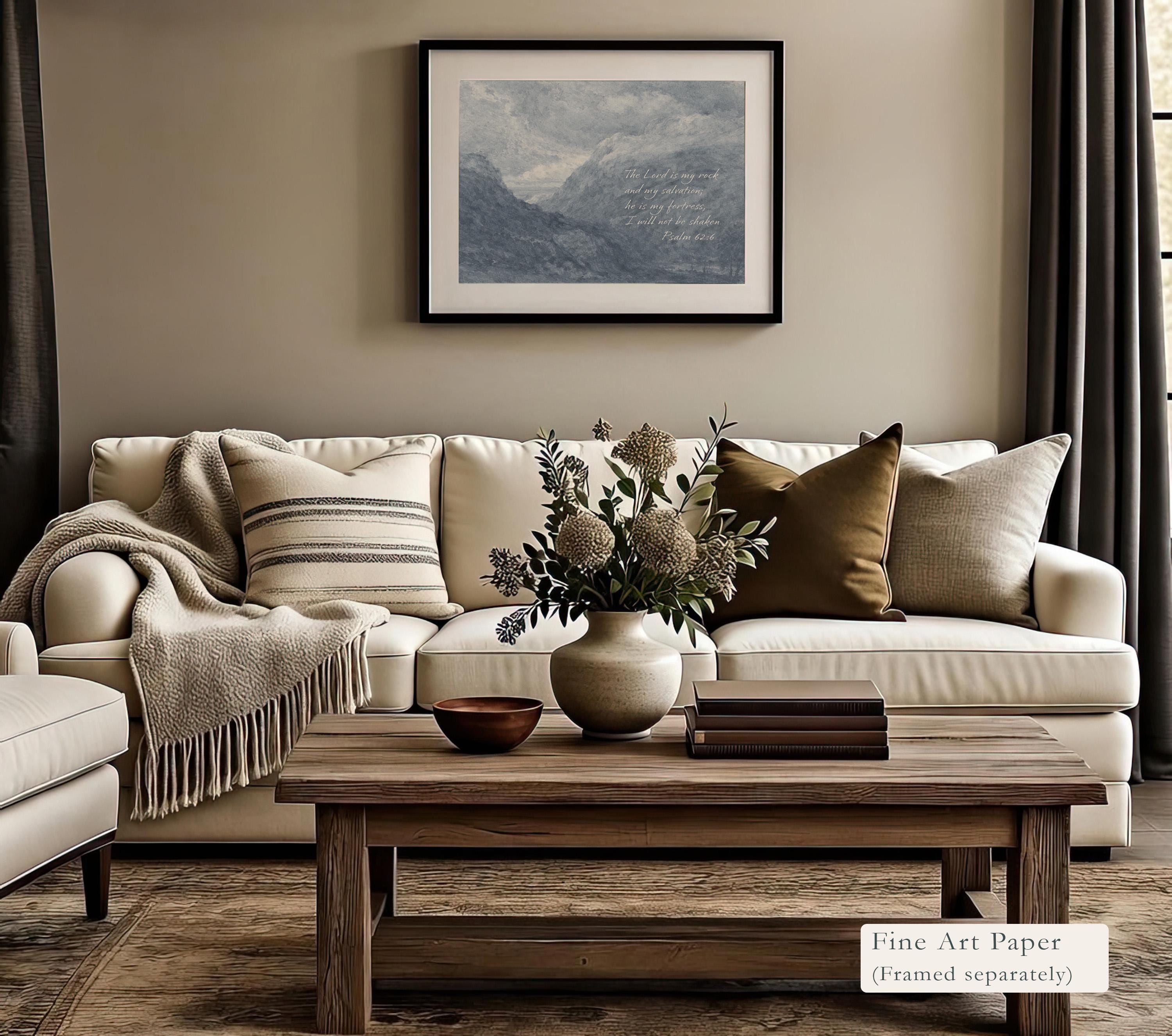 Psalm 62:6 Wall Art – The Lord Is My Rock – Blue Mountain Christian Landscape Print – Vintage Scripture Wall Decor