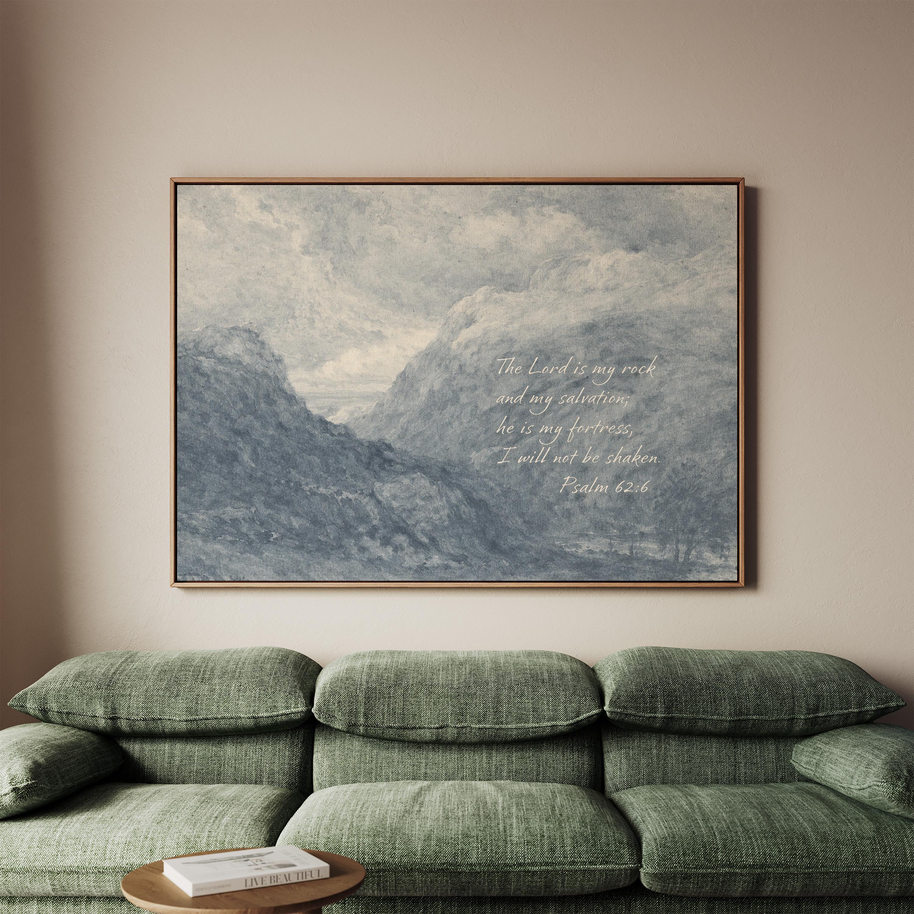 Psalm 62:6 Wall Art – The Lord Is My Rock – Blue Mountain Christian Landscape Print – Vintage Scripture Wall Decor