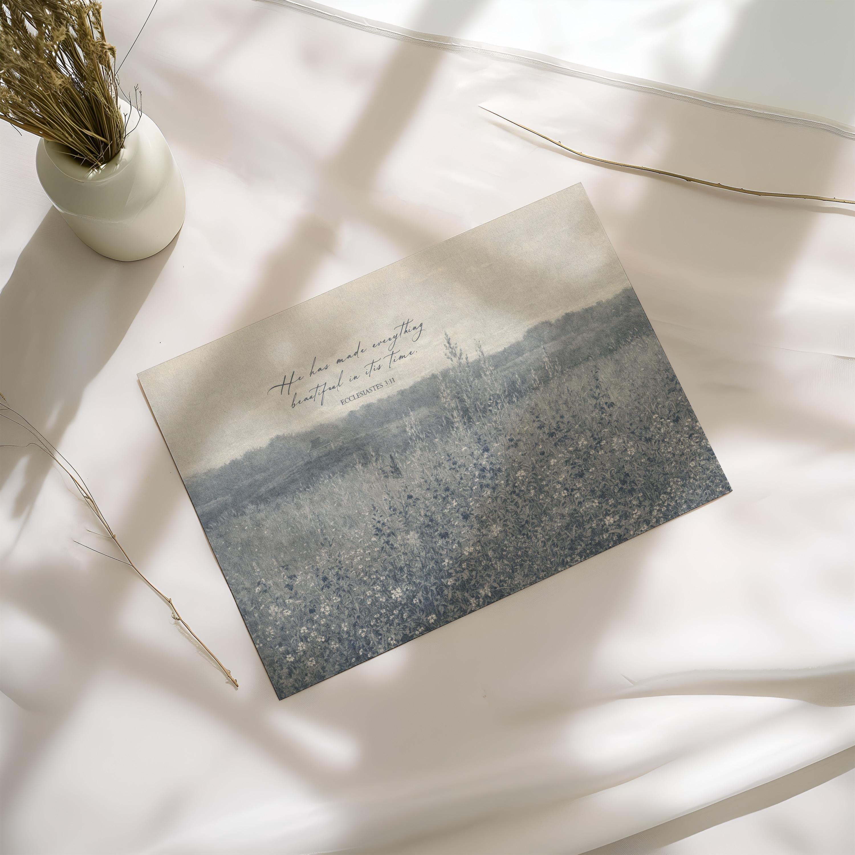 Ecclesiastes 3:11 Wall Art – He Has Made Everything Beautiful – Vintage Blue Christian Field Landscape Print – Scripture Decor