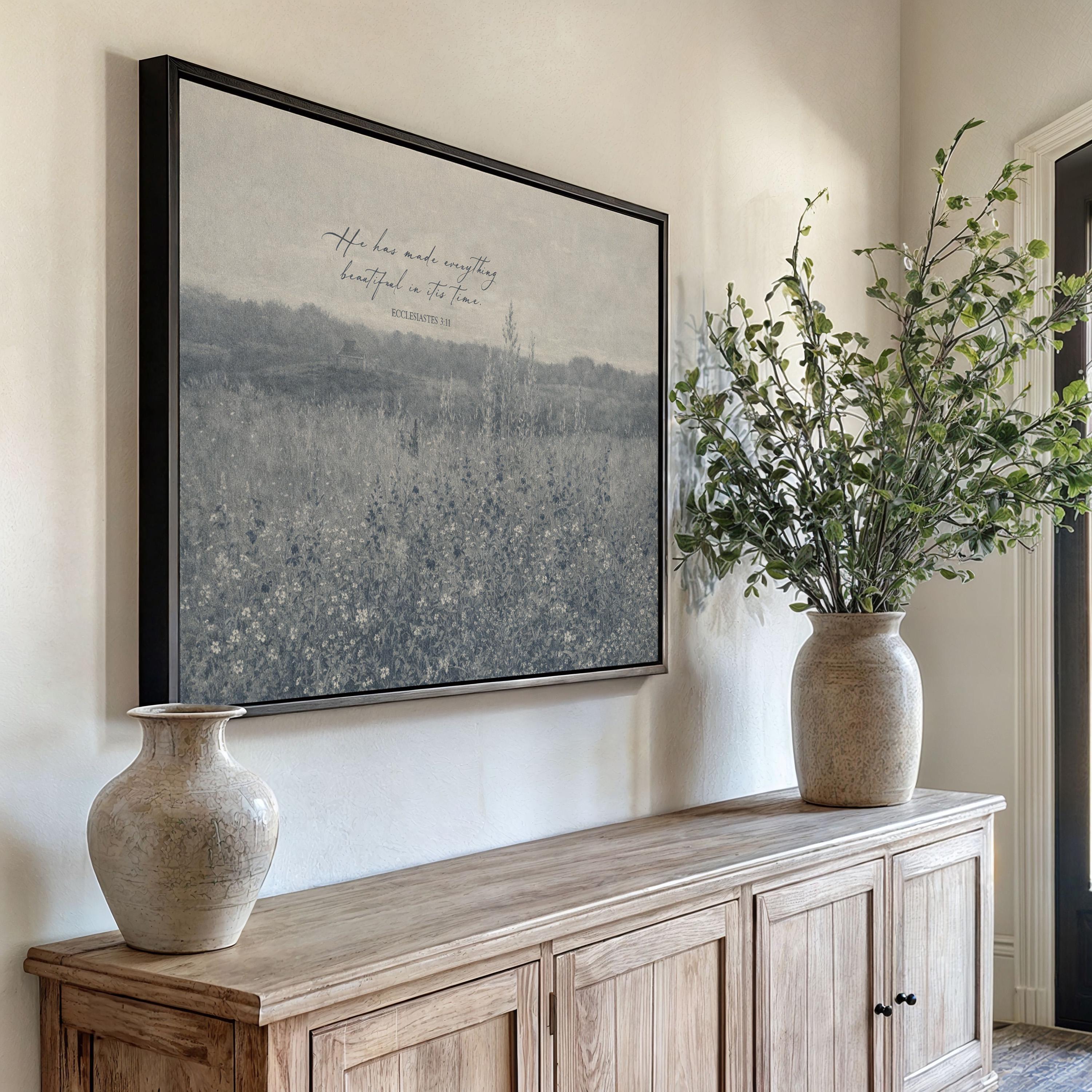 Ecclesiastes 3:11 Wall Art – He Has Made Everything Beautiful – Vintage Blue Christian Field Landscape Print – Scripture Decor