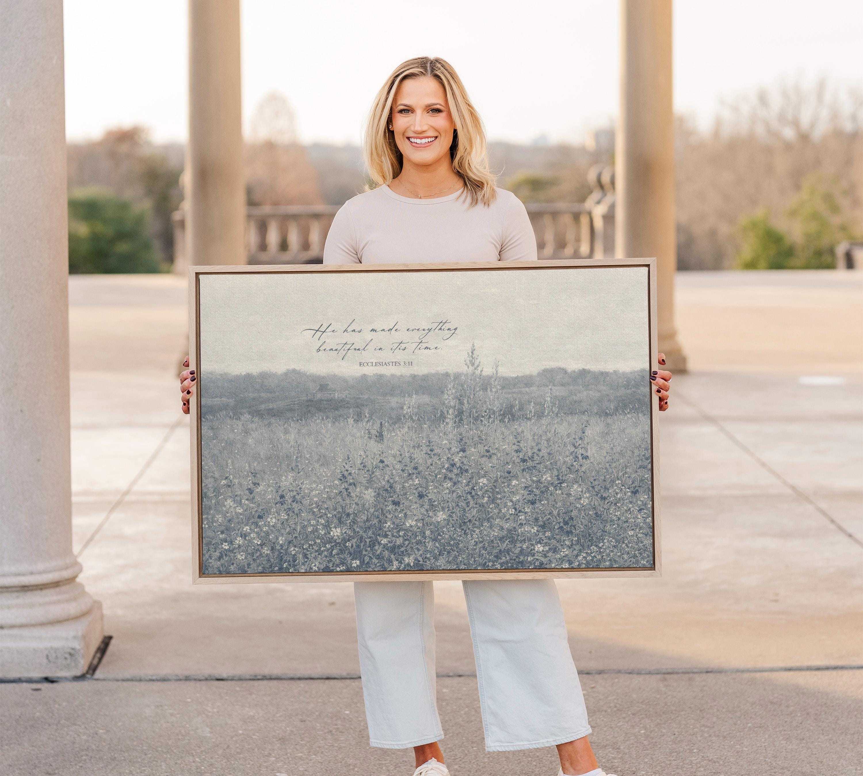 Ecclesiastes 3:11 Wall Art – He Has Made Everything Beautiful – Vintage Blue Christian Field Landscape Print – Scripture Decor