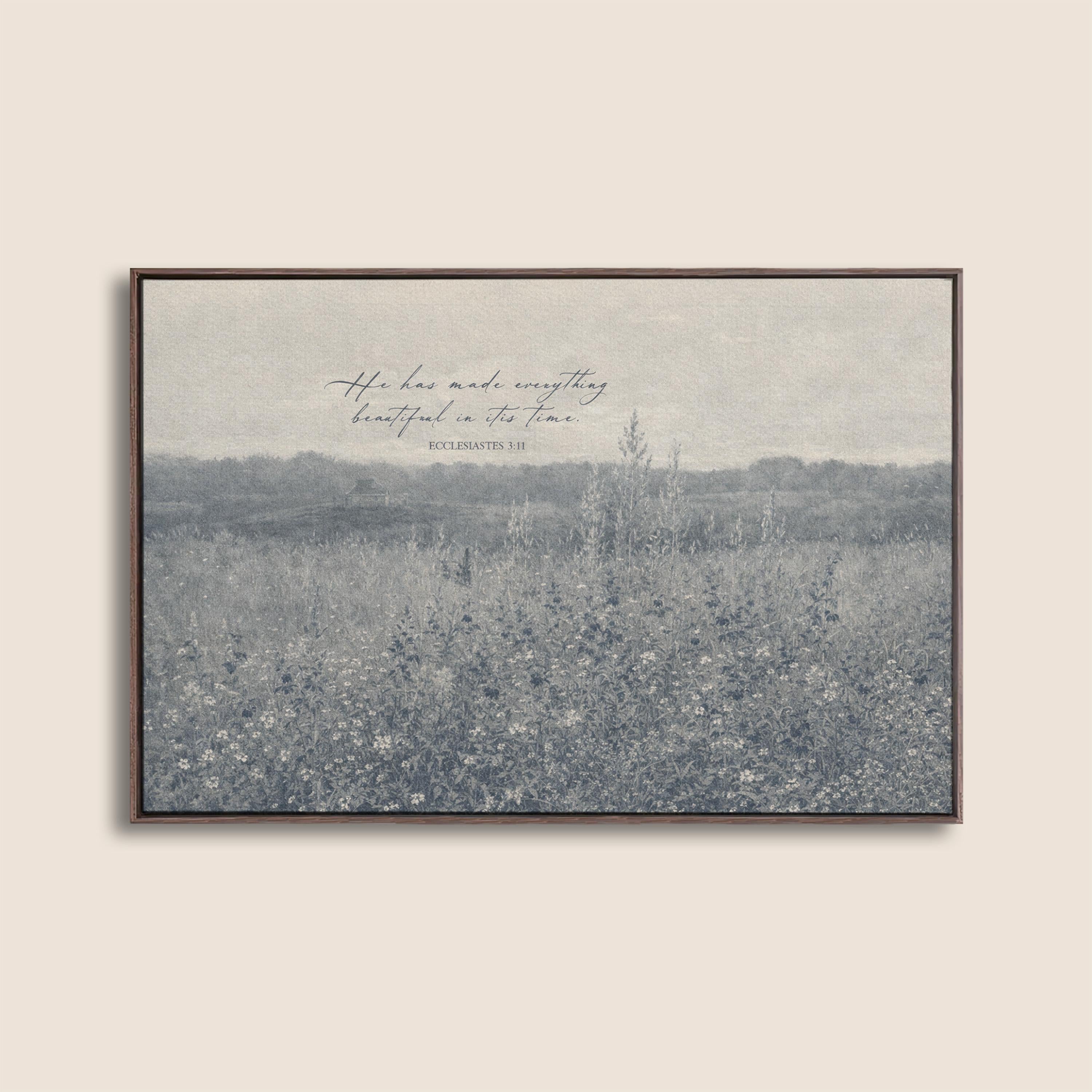 Ecclesiastes 3:11 Wall Art – He Has Made Everything Beautiful – Vintage Blue Christian Field Landscape Print – Scripture Decor