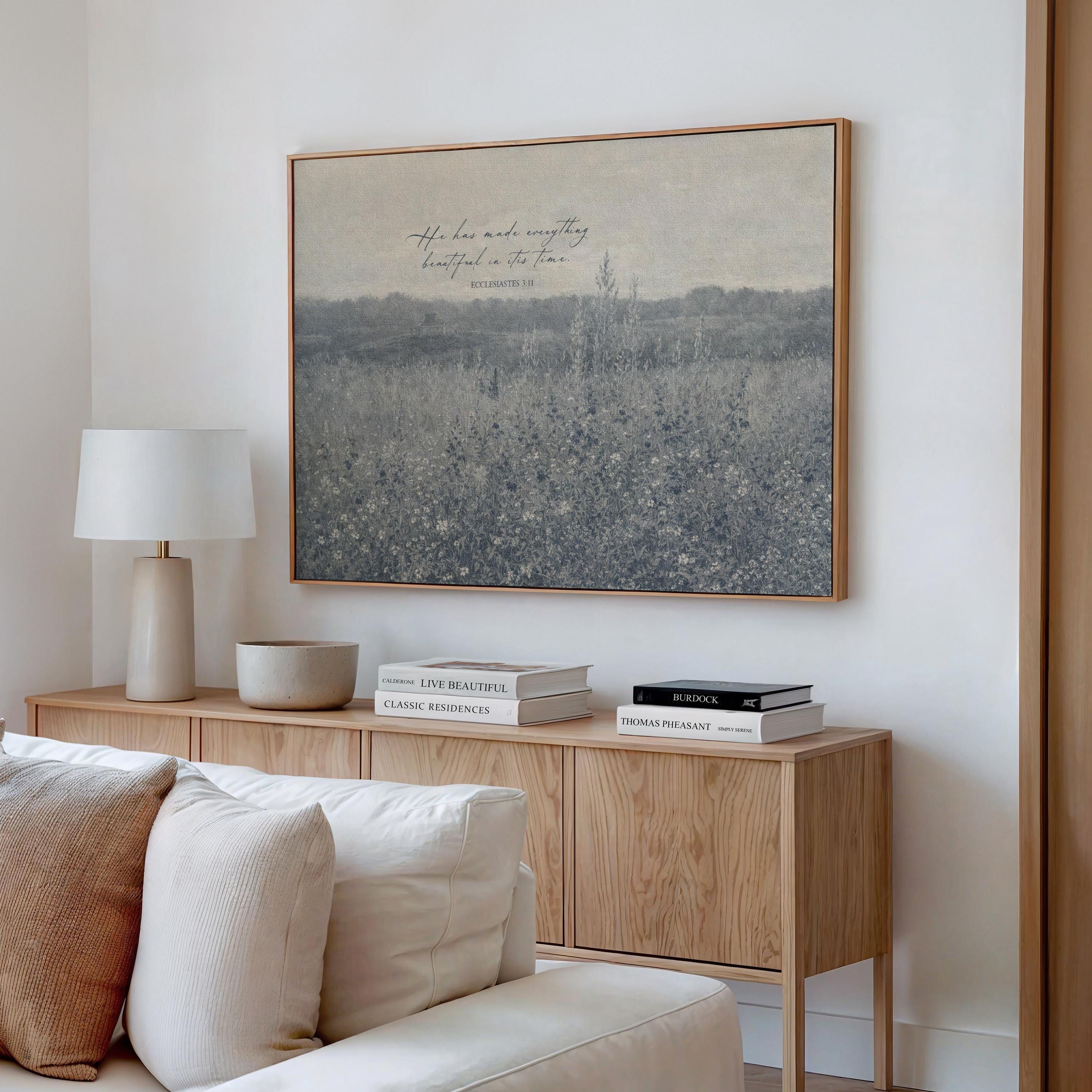 Ecclesiastes 3:11 Wall Art – He Has Made Everything Beautiful – Vintage Blue Christian Field Landscape Print – Scripture Decor