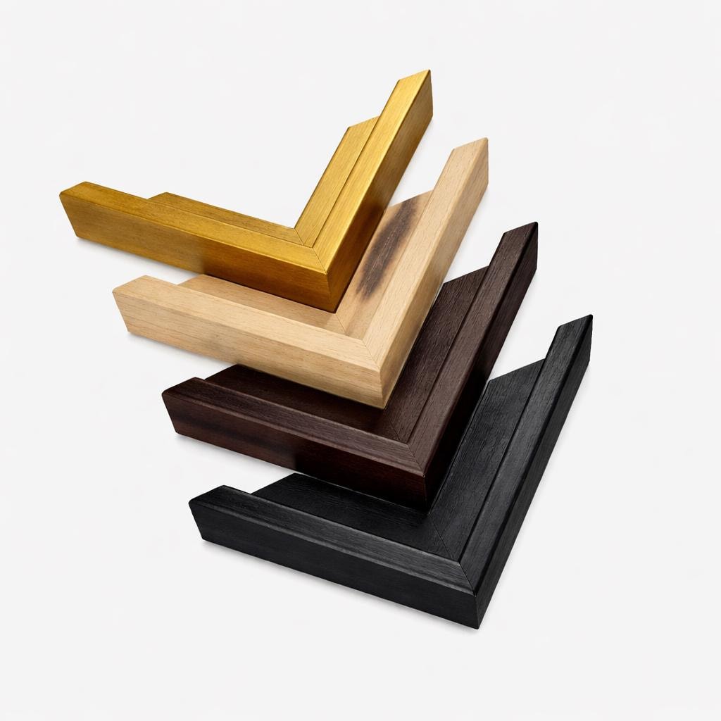 four different colored wooden frames, including gold, light brown, dark brown, and black, arranged in a stacked formation.