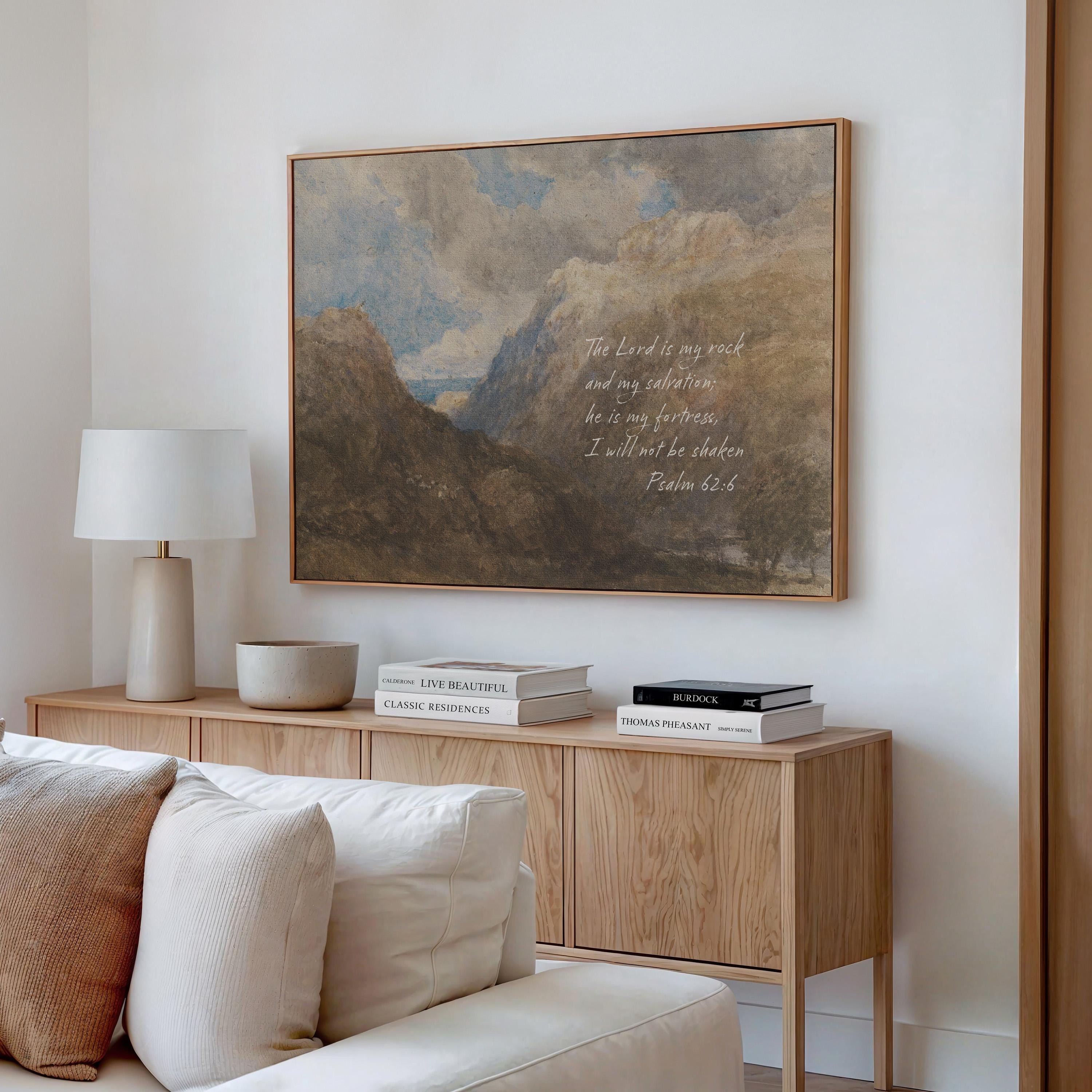 Psalm 62:6 Mountain Vintage Style Landscape | Warm Neutral Wall Art | Christian Home Decor
