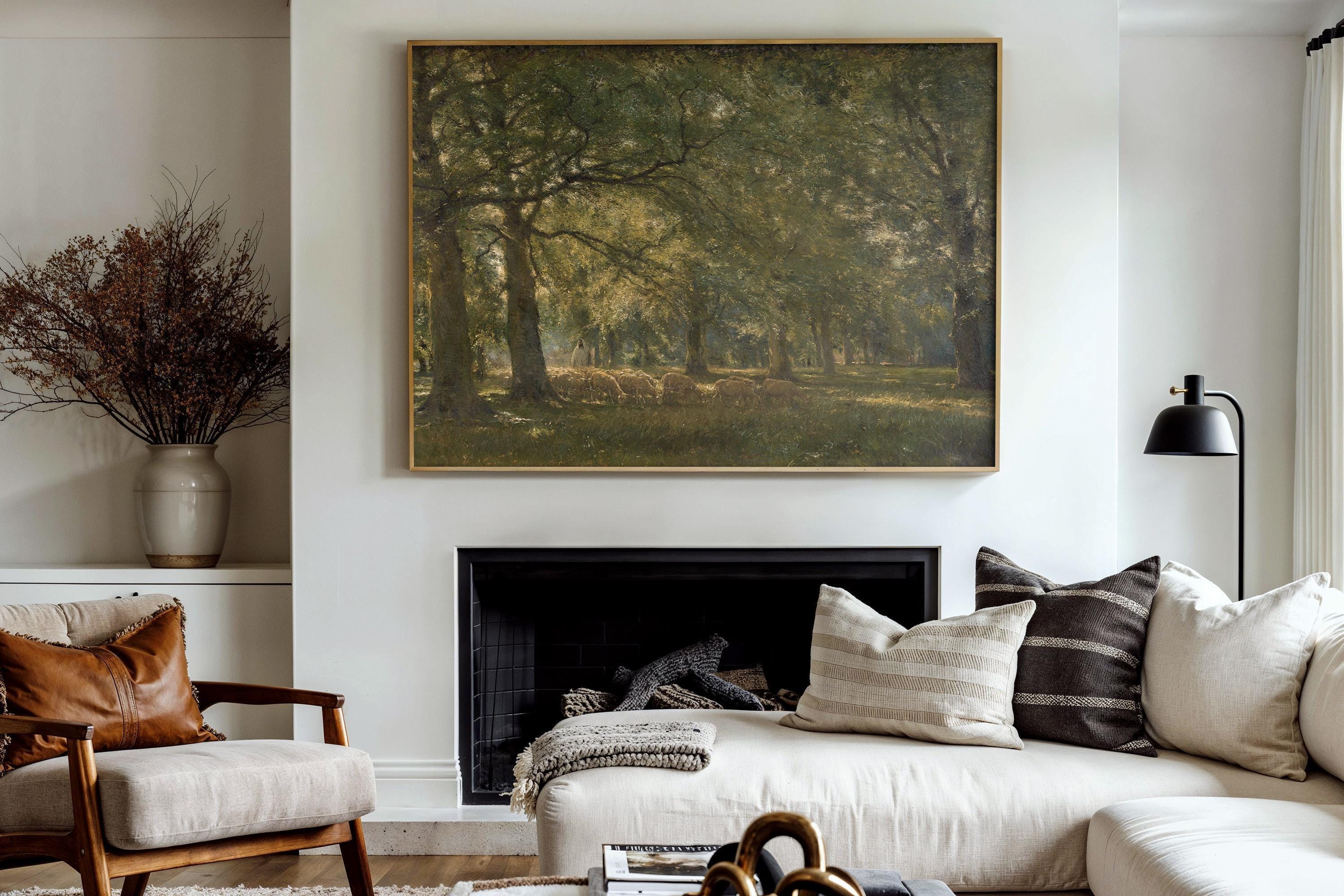 The Good Shepherd Meadow Landscape Print, Vintage Pastoral Wall Art with Sheep, Psalm 23 Inspired