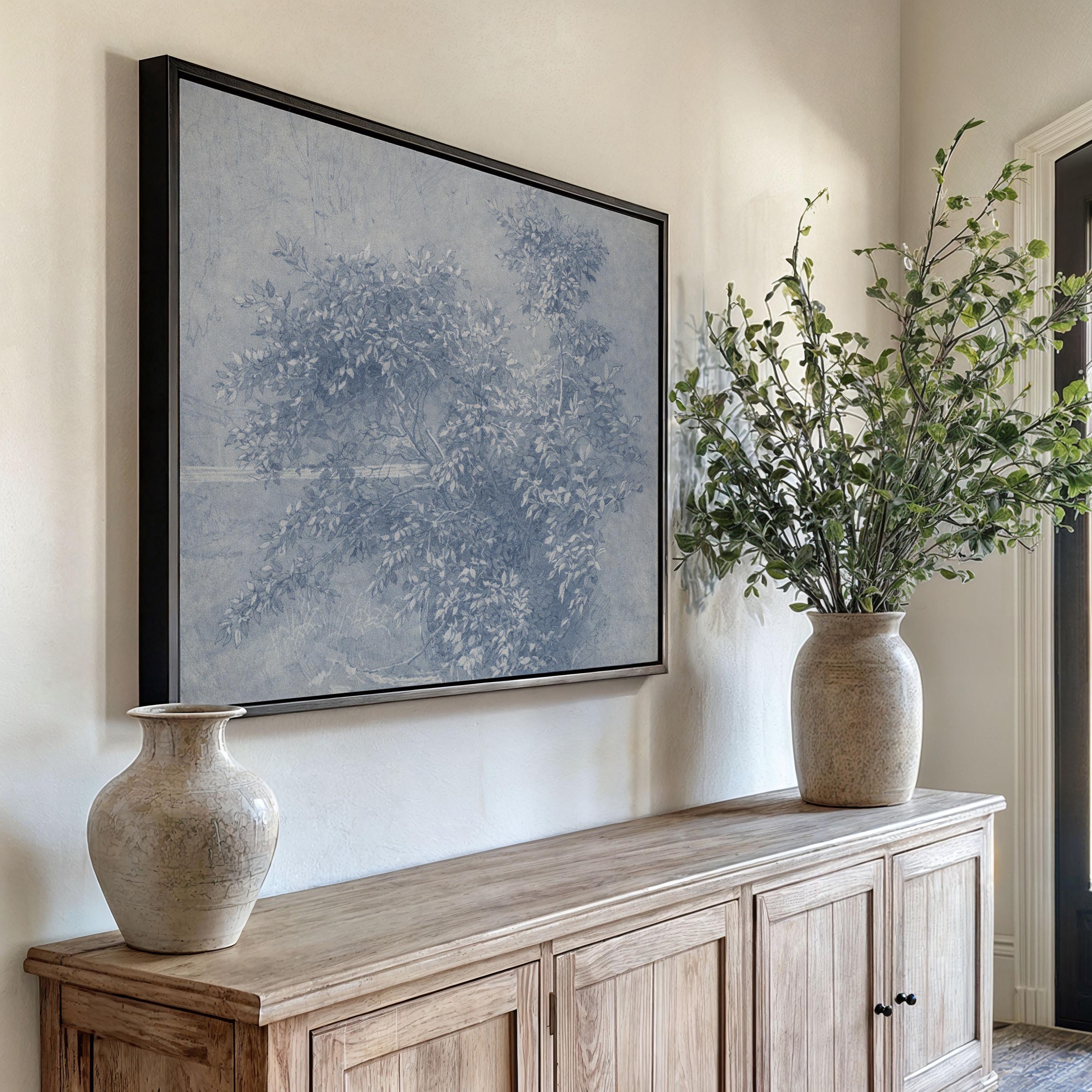 Antique Blue Botanical Wall Art Print – Vintage Ink Wash Leaves – French Country Cottage Decor – Blue Pastoral Landscape Art