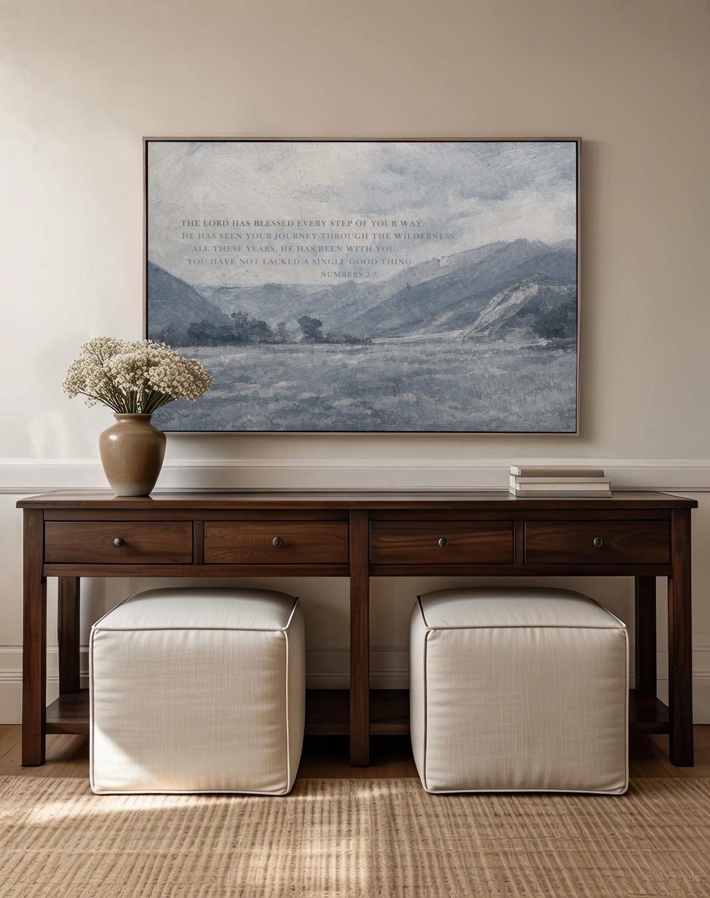 Numbers 2:7 Bible Verse Wall Art – The Lord Has Blessed Every Step – Vintage Blue Christian Landscape Print – Faith Home Decor