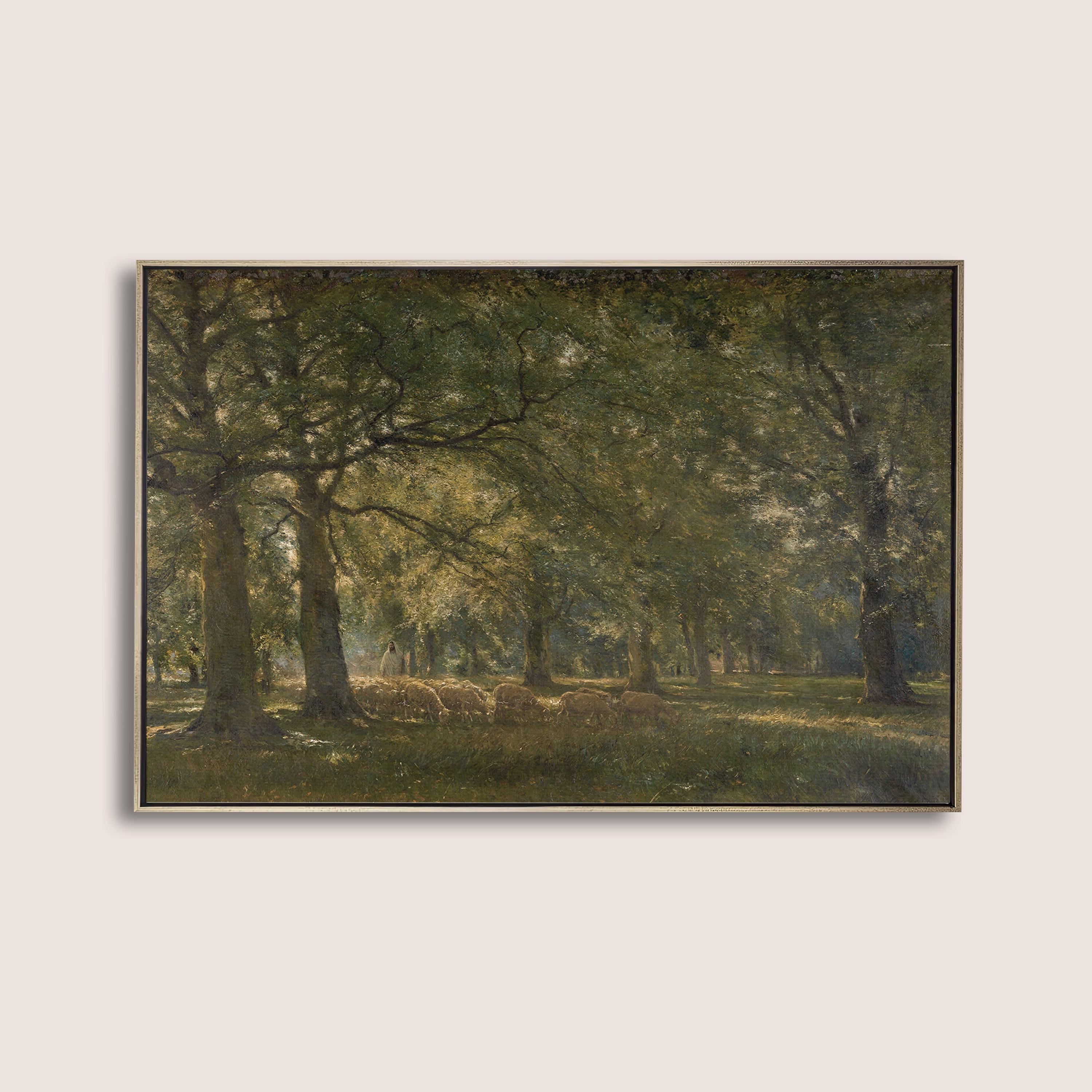 The Good Shepherd Meadow Landscape Print, Vintage Pastoral Wall Art with Sheep, Psalm 23 Inspired