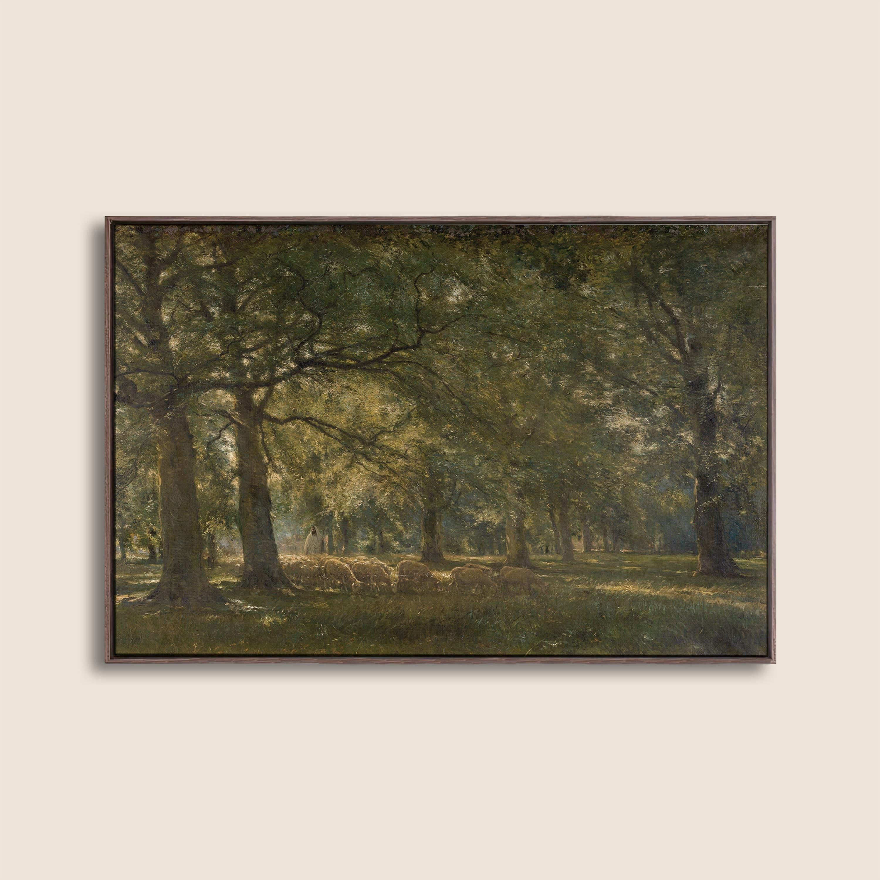 The Good Shepherd Meadow Landscape Print, Vintage Pastoral Wall Art with Sheep, Psalm 23 Inspired