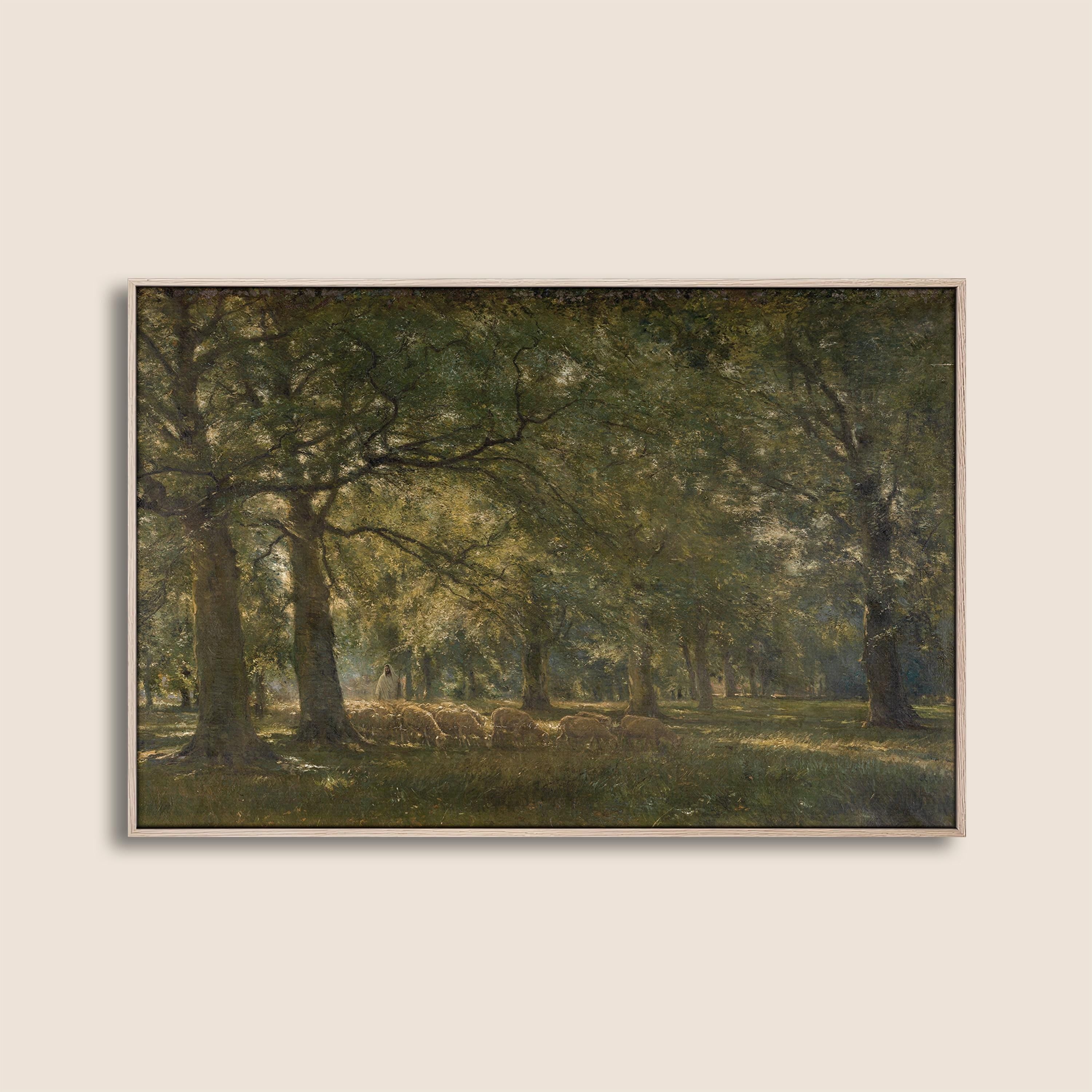 The Good Shepherd Meadow Landscape Print, Vintage Pastoral Wall Art with Sheep, Psalm 23 Inspired