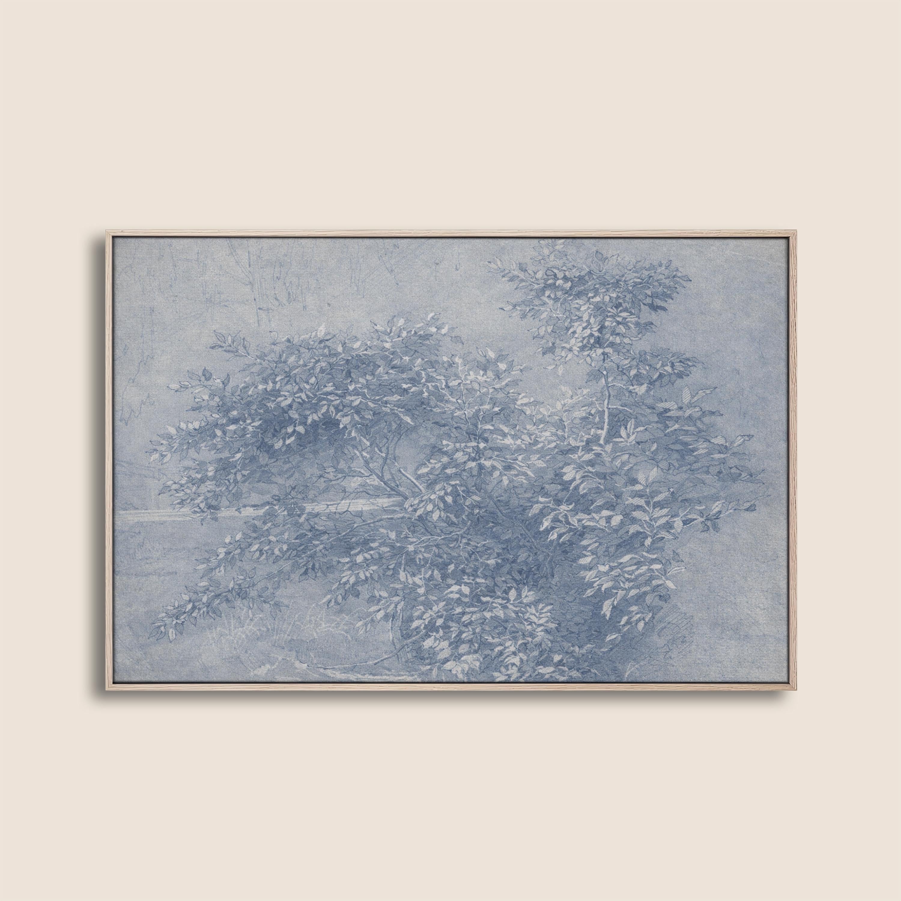 Antique Blue Botanical Wall Art Print – Vintage Ink Wash Leaves – French Country Cottage Decor – Blue Pastoral Landscape Art