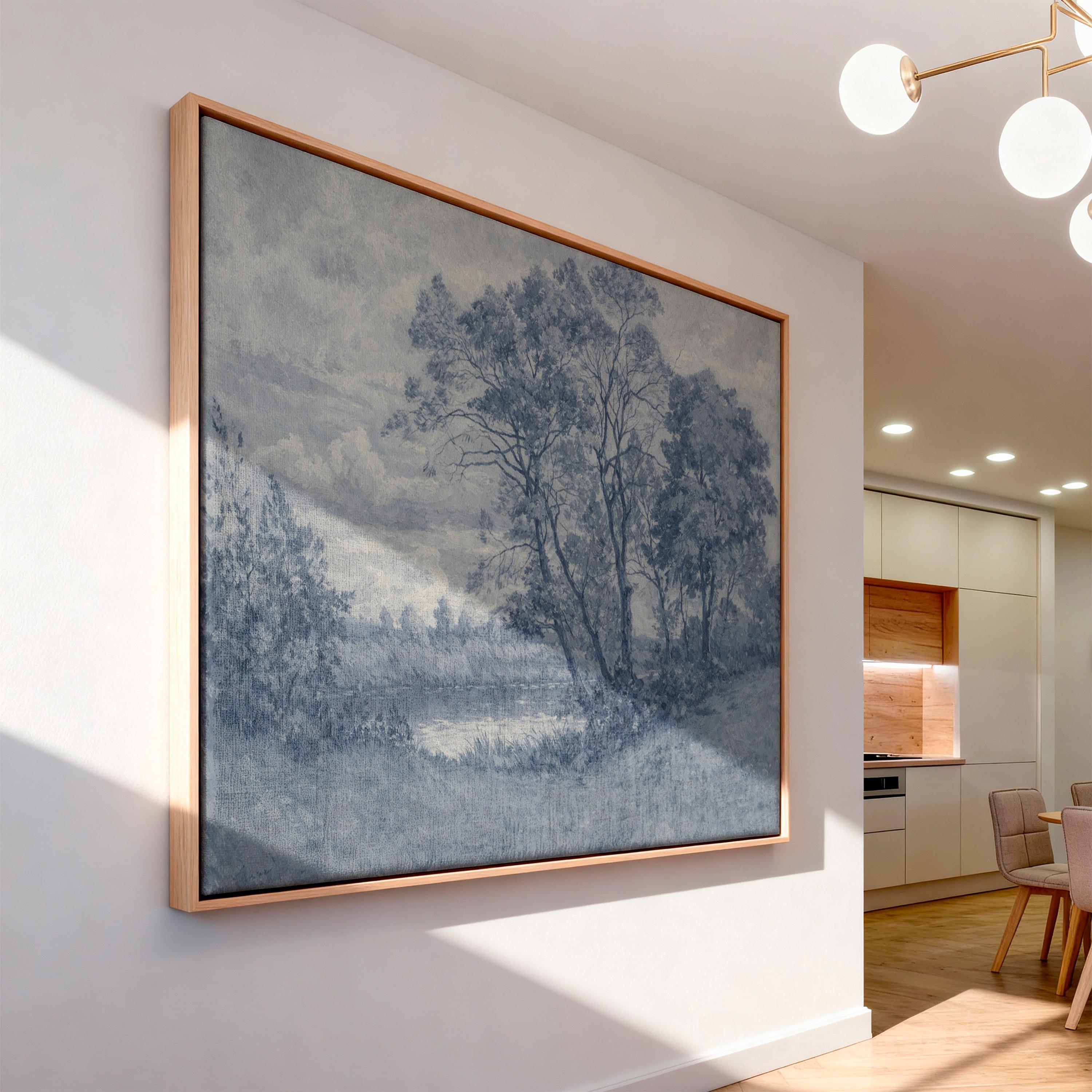 Blue Landscape Wall Art – Vintage Pastoral River Print – Antique European Countryside Decor – French Country Cottage Wall Art