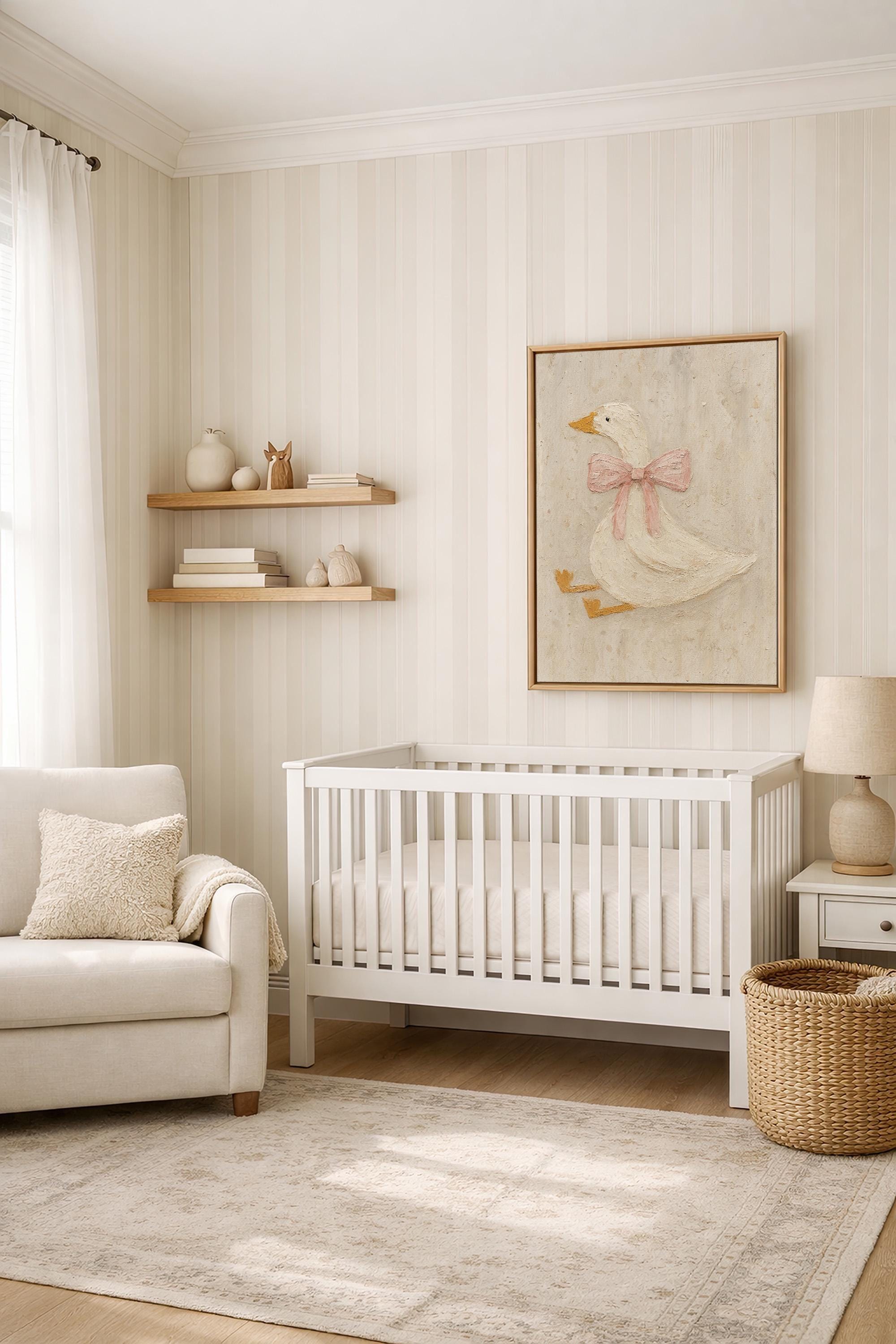 Vintage Duck Nursery Art: Canvas-Style Print with Pink Bow