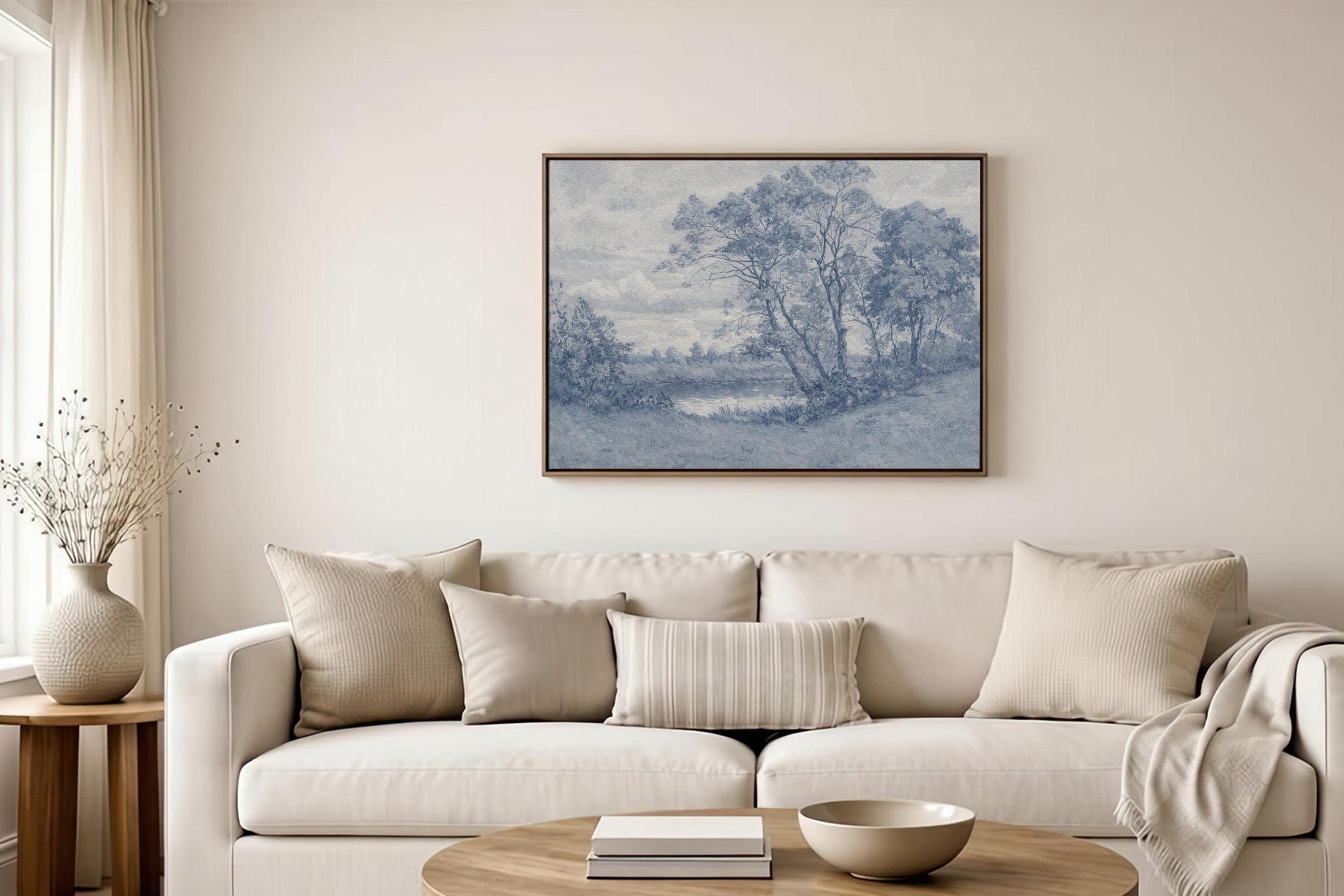 Blue Landscape Wall Art – Vintage Pastoral River Print – Antique European Countryside Decor – French Country Cottage Wall Art