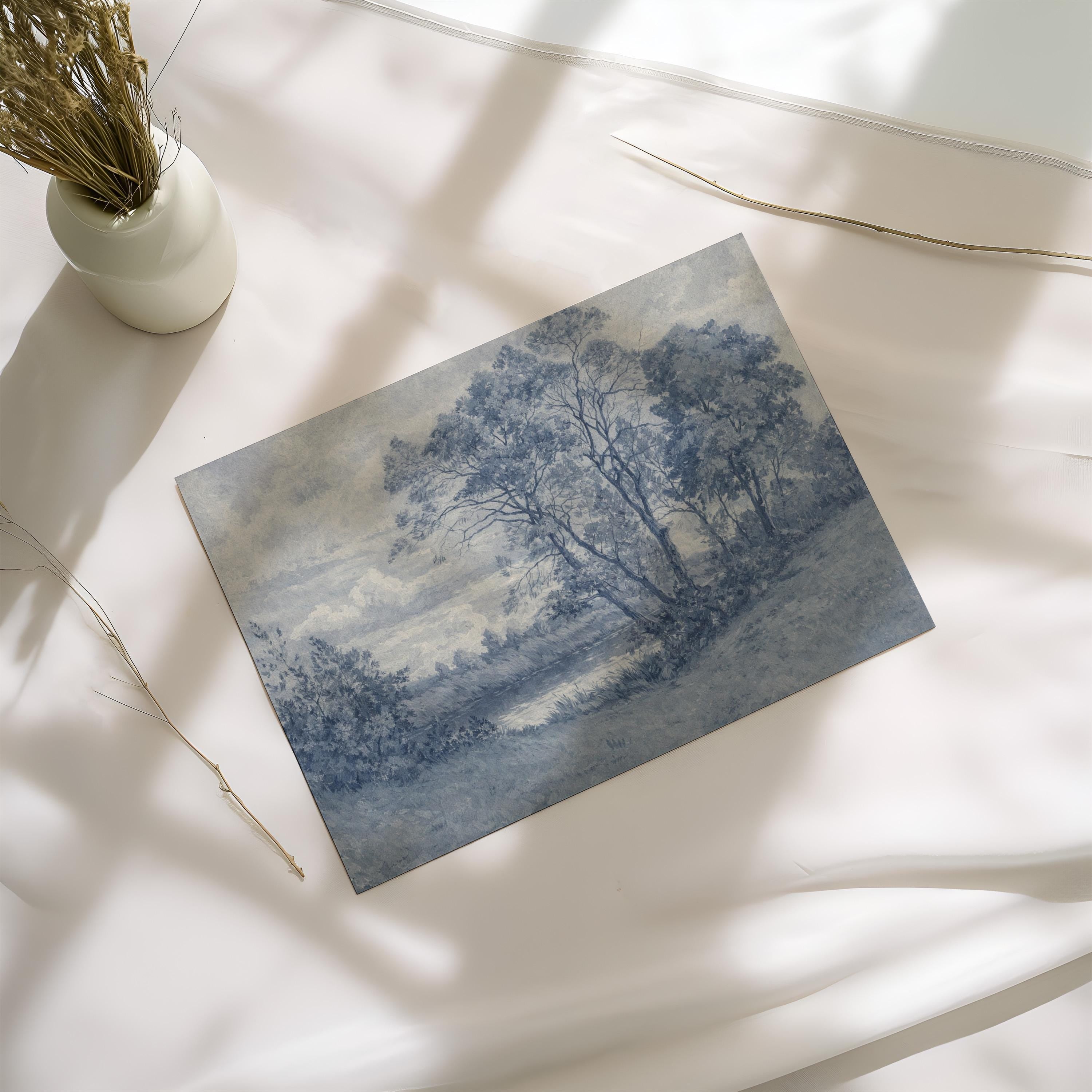 Blue Landscape Wall Art – Vintage Pastoral River Print – Antique European Countryside Decor – French Country Cottage Wall Art