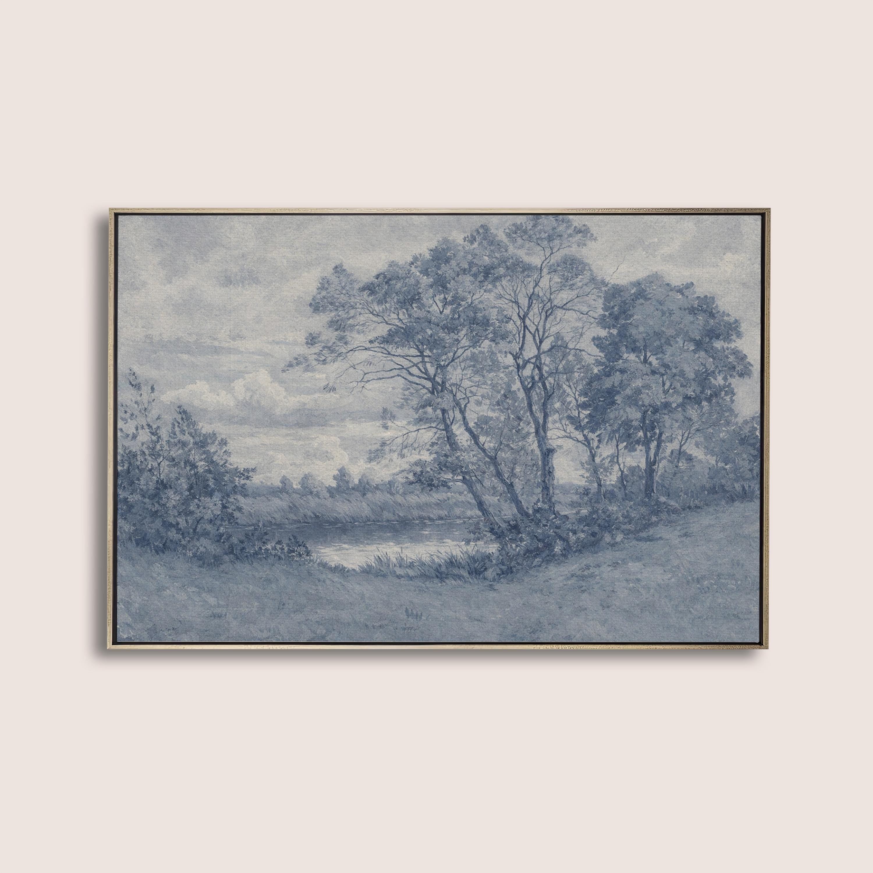 Blue Landscape Wall Art – Vintage Pastoral River Print – Antique European Countryside Decor – French Country Cottage Wall Art