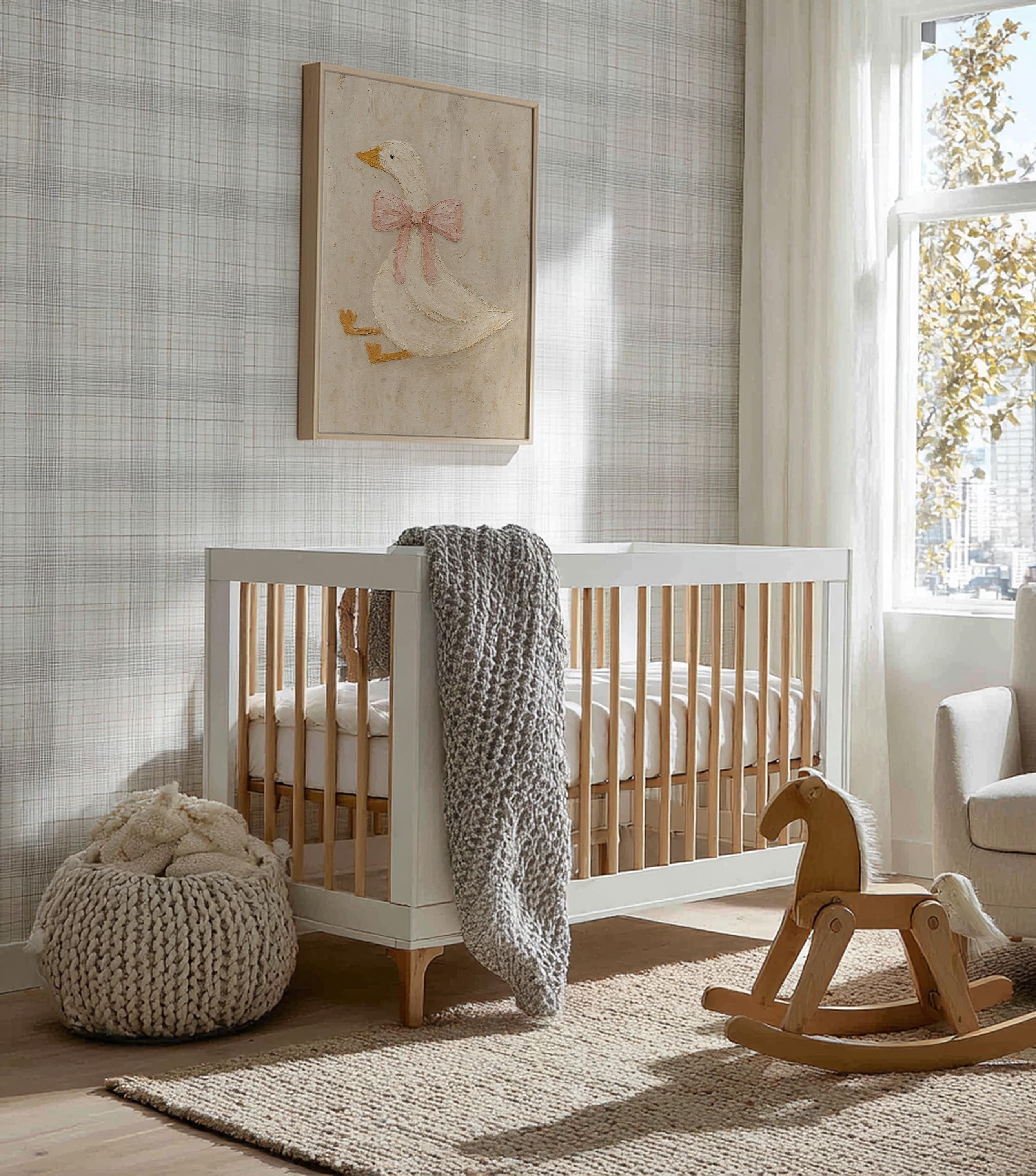 Vintage Duck Nursery Art: Canvas-Style Print with Pink Bow