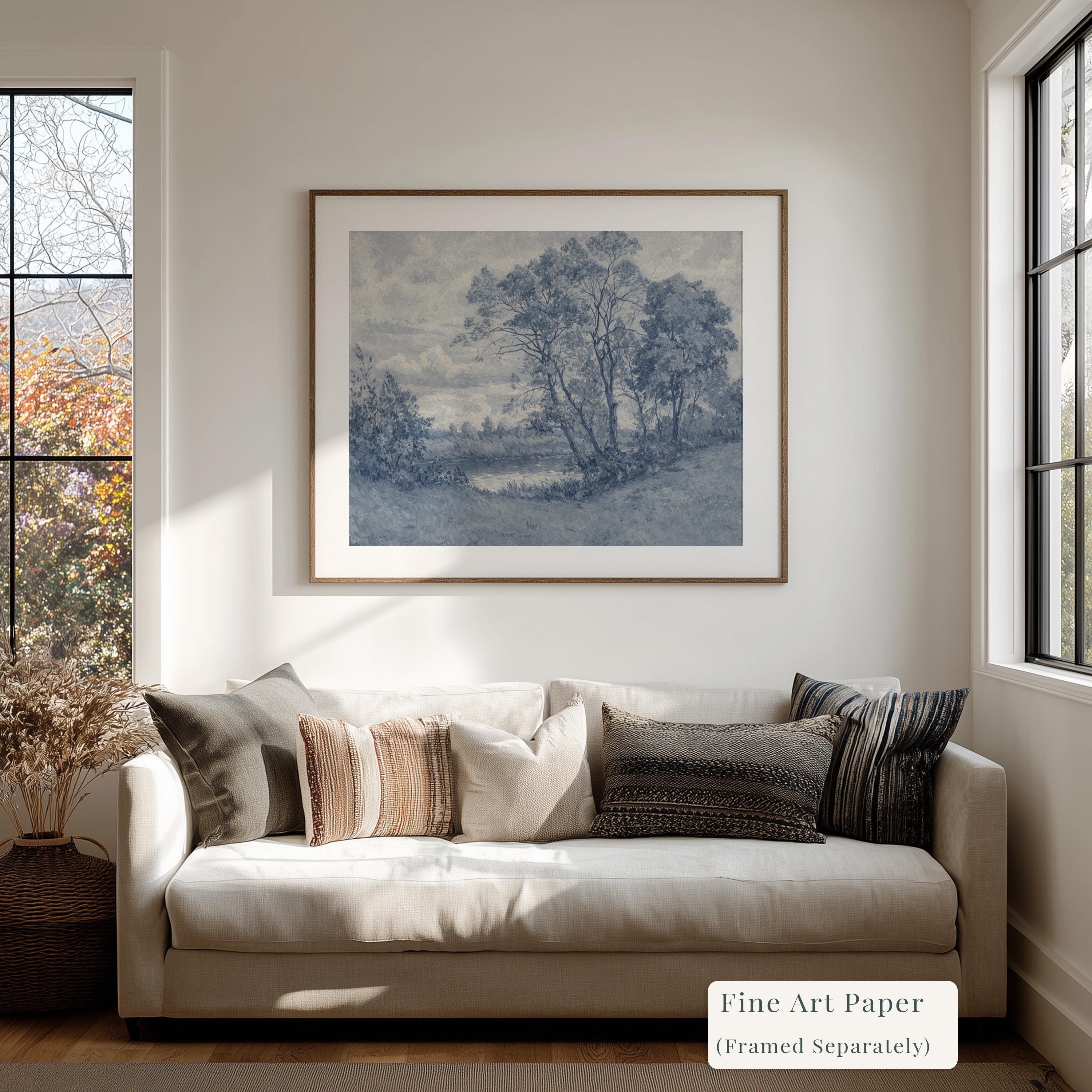 Blue Landscape Wall Art – Vintage Pastoral River Print – Antique European Countryside Decor – French Country Cottage Wall Art