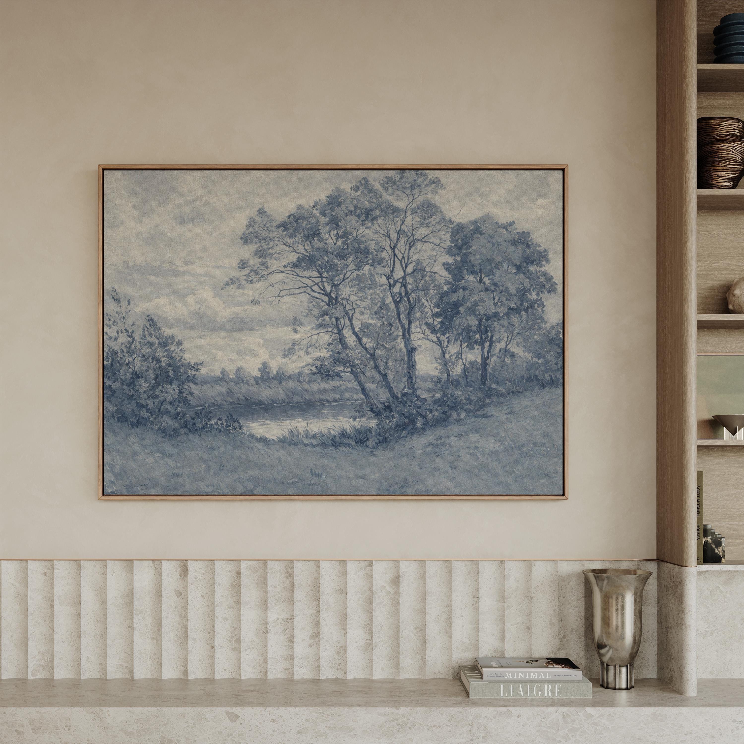 Blue Landscape Wall Art – Vintage Pastoral River Print – Antique European Countryside Decor – French Country Cottage Wall Art