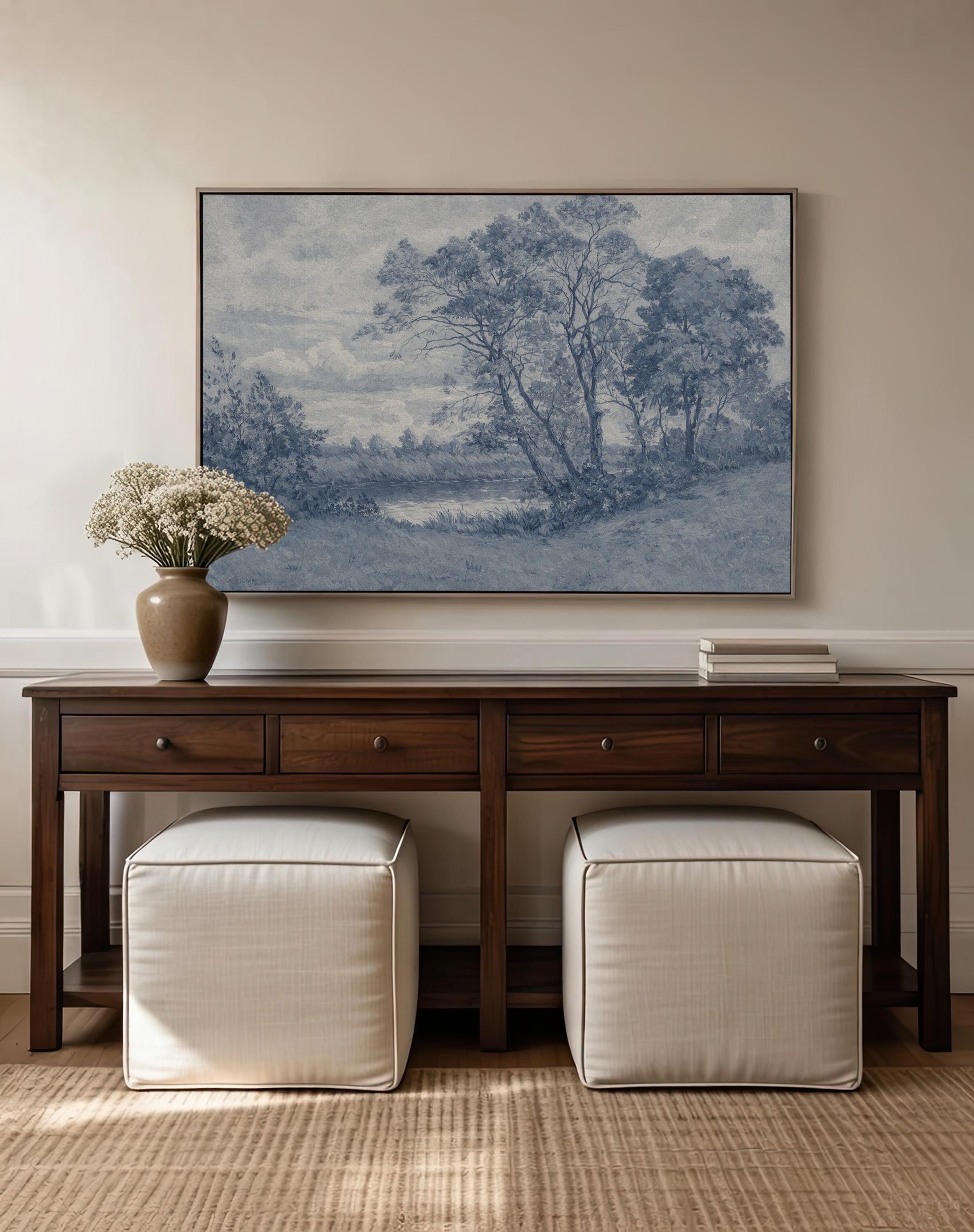 Blue Landscape Wall Art – Vintage Pastoral River Print – Antique European Countryside Decor – French Country Cottage Wall Art