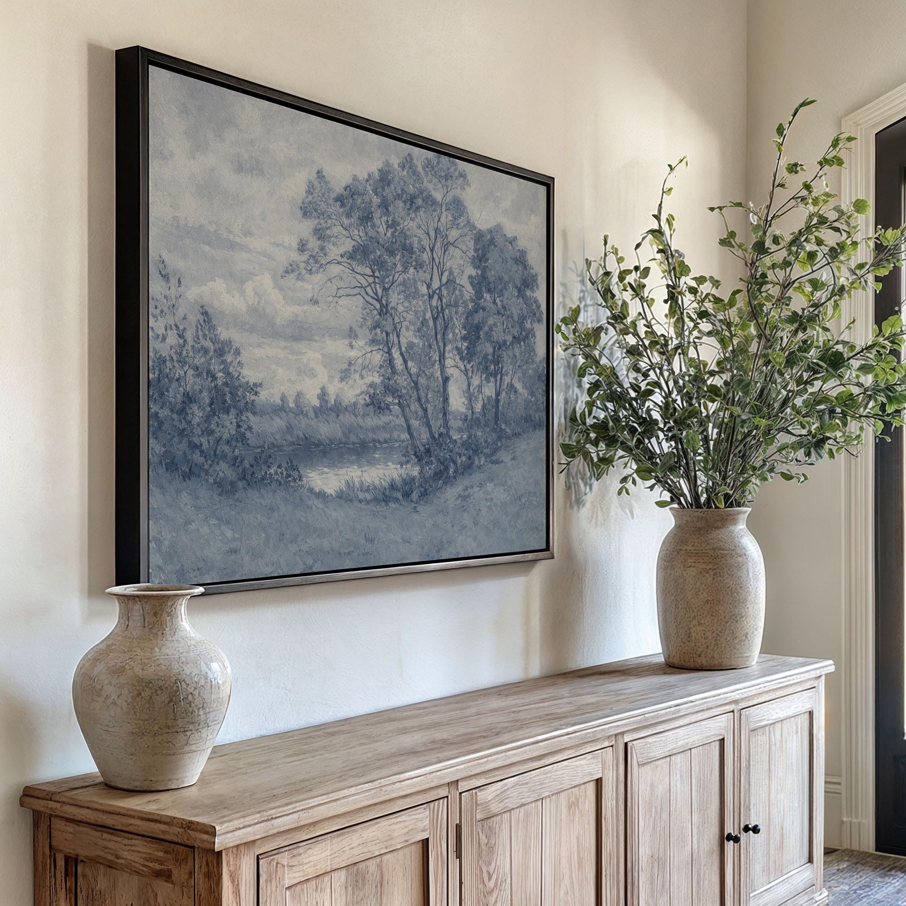 Blue Landscape Wall Art – Vintage Pastoral River Print – Antique European Countryside Decor – French Country Cottage Wall Art