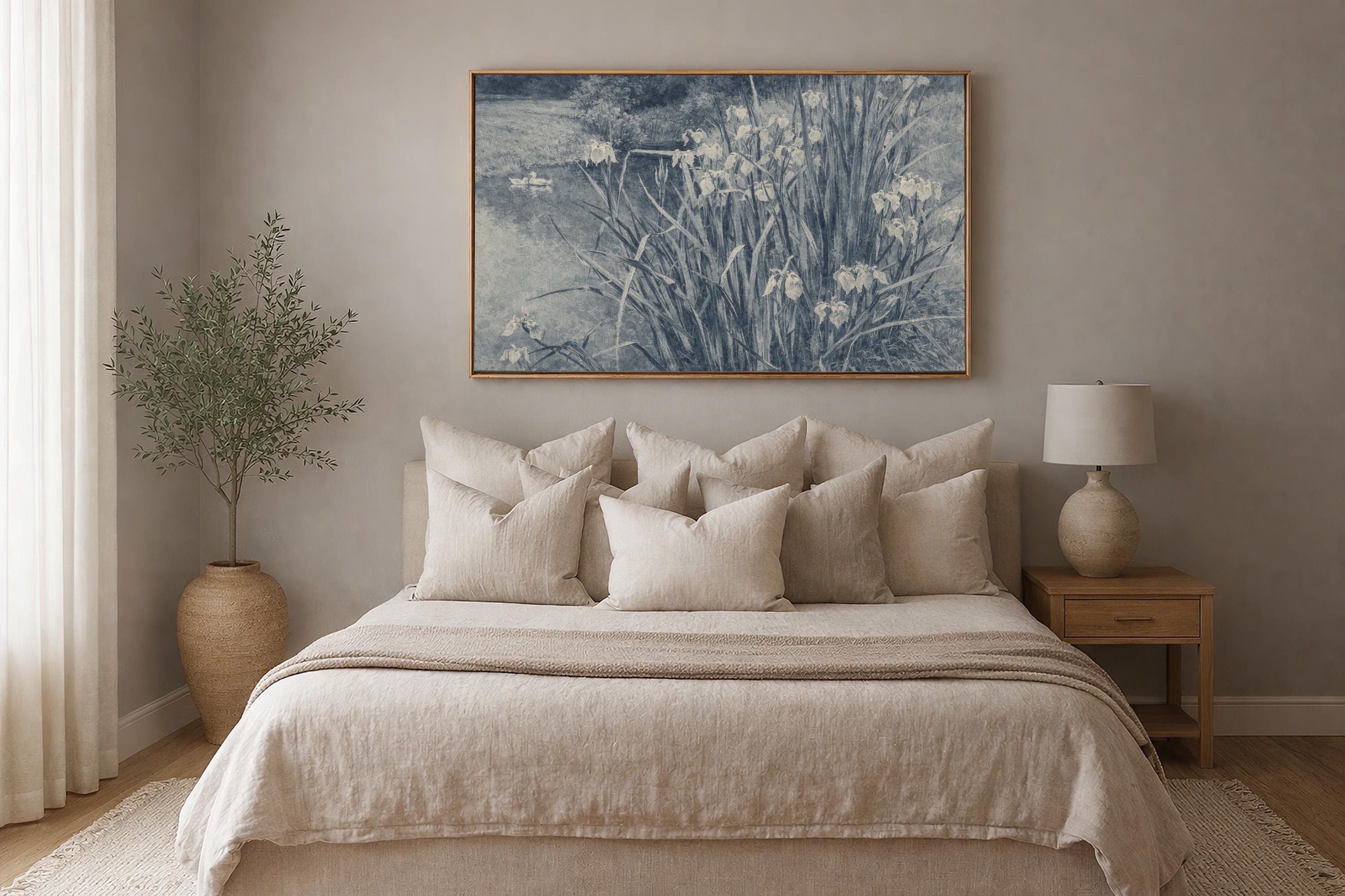 Blue Iris Pond Wall Art Print – Vintage Swan Landscape Artwork – French Country Cottage Decor – Moody Blue Nature Painting