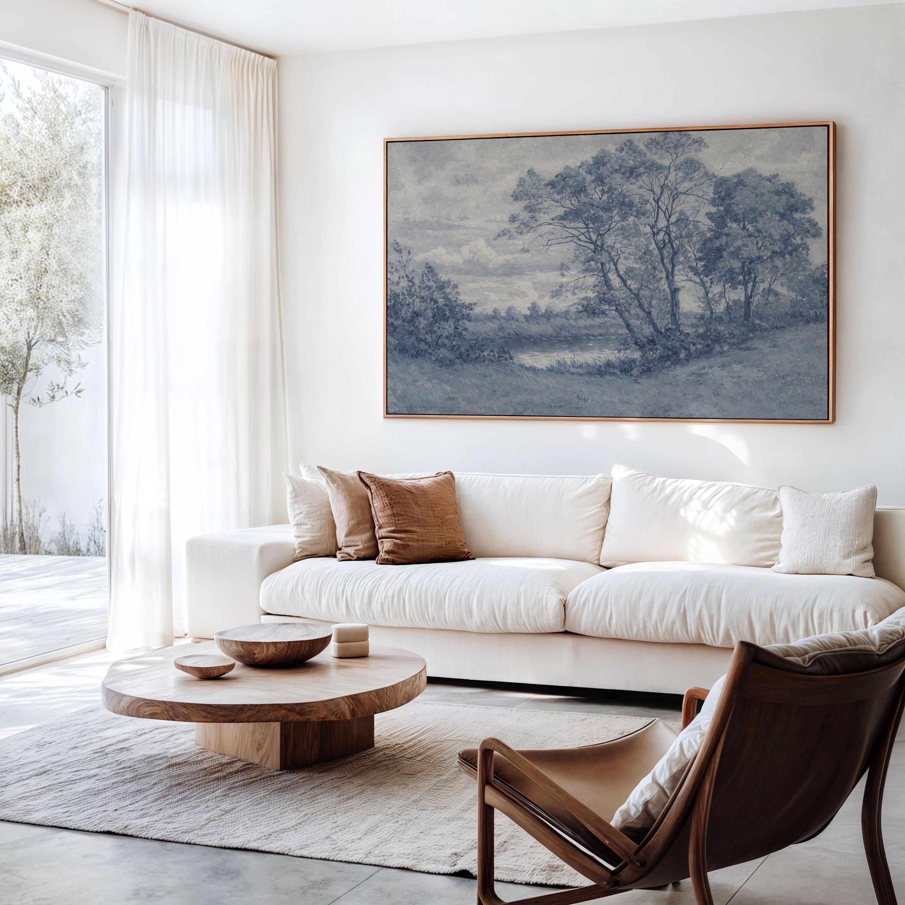 Blue Landscape Wall Art – Vintage Pastoral River Print – Antique European Countryside Decor – French Country Cottage Wall Art