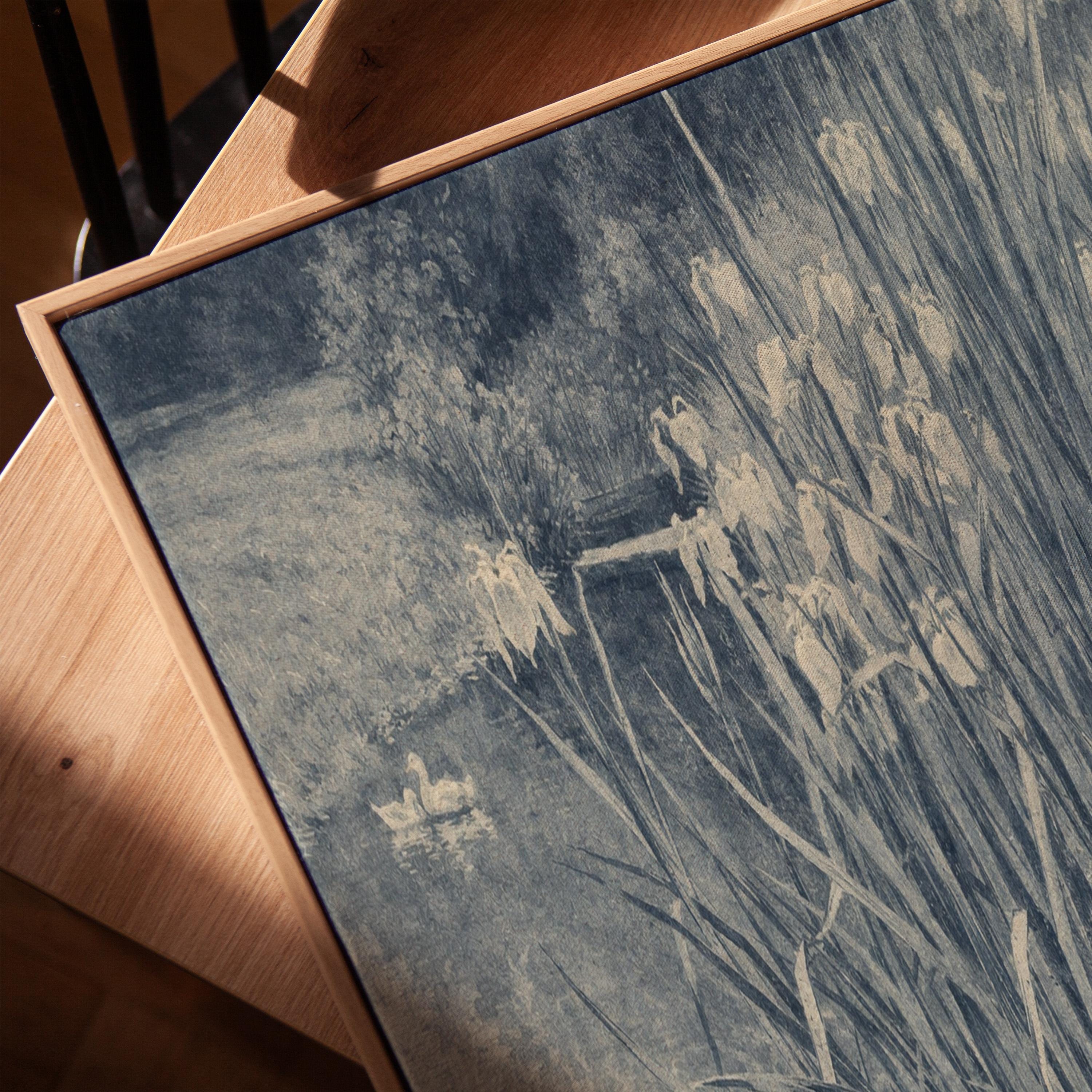 Blue Iris Pond Wall Art Print – Vintage Swan Landscape Artwork – French Country Cottage Decor – Moody Blue Nature Painting