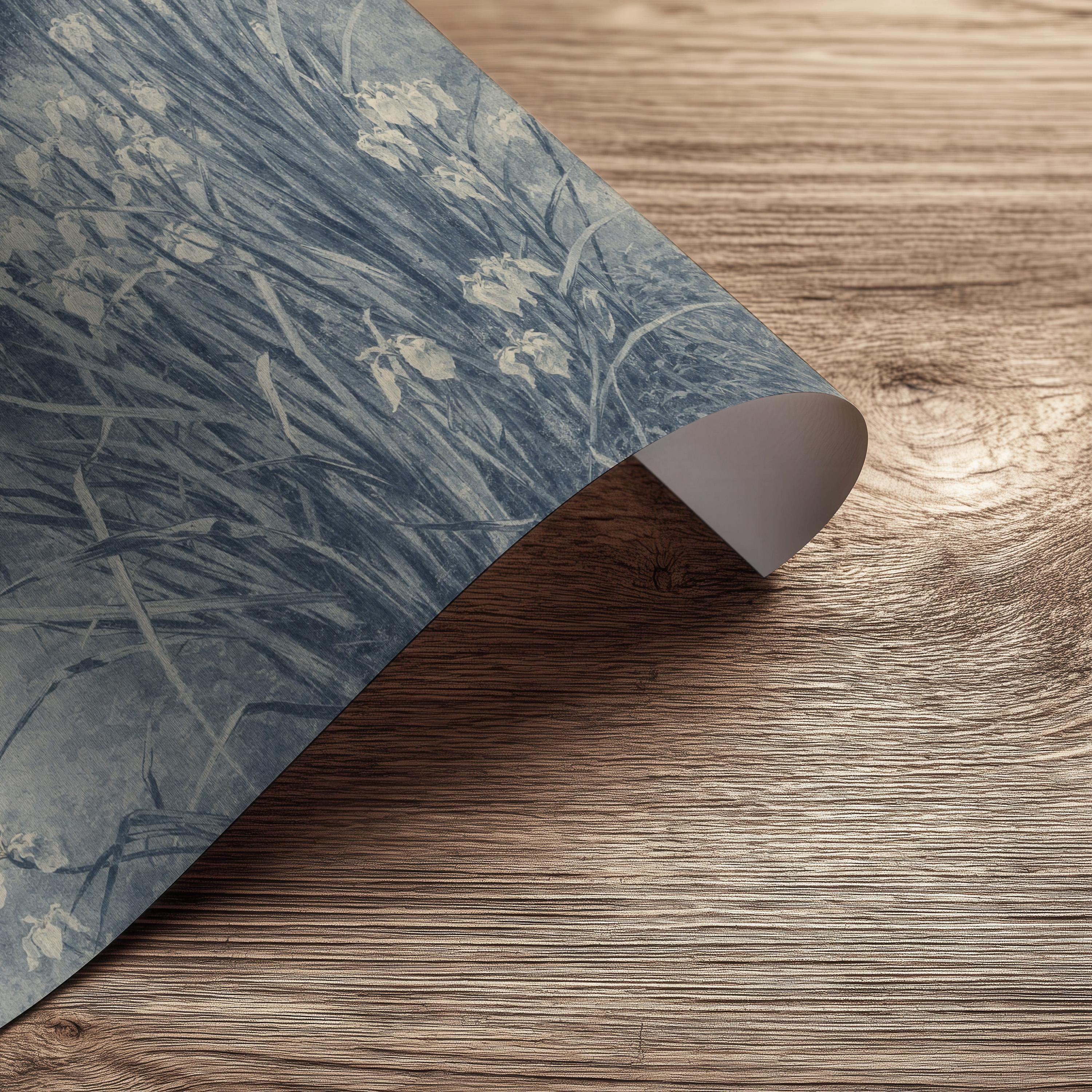 Blue Iris Pond Wall Art Print – Vintage Swan Landscape Artwork – French Country Cottage Decor – Moody Blue Nature Painting