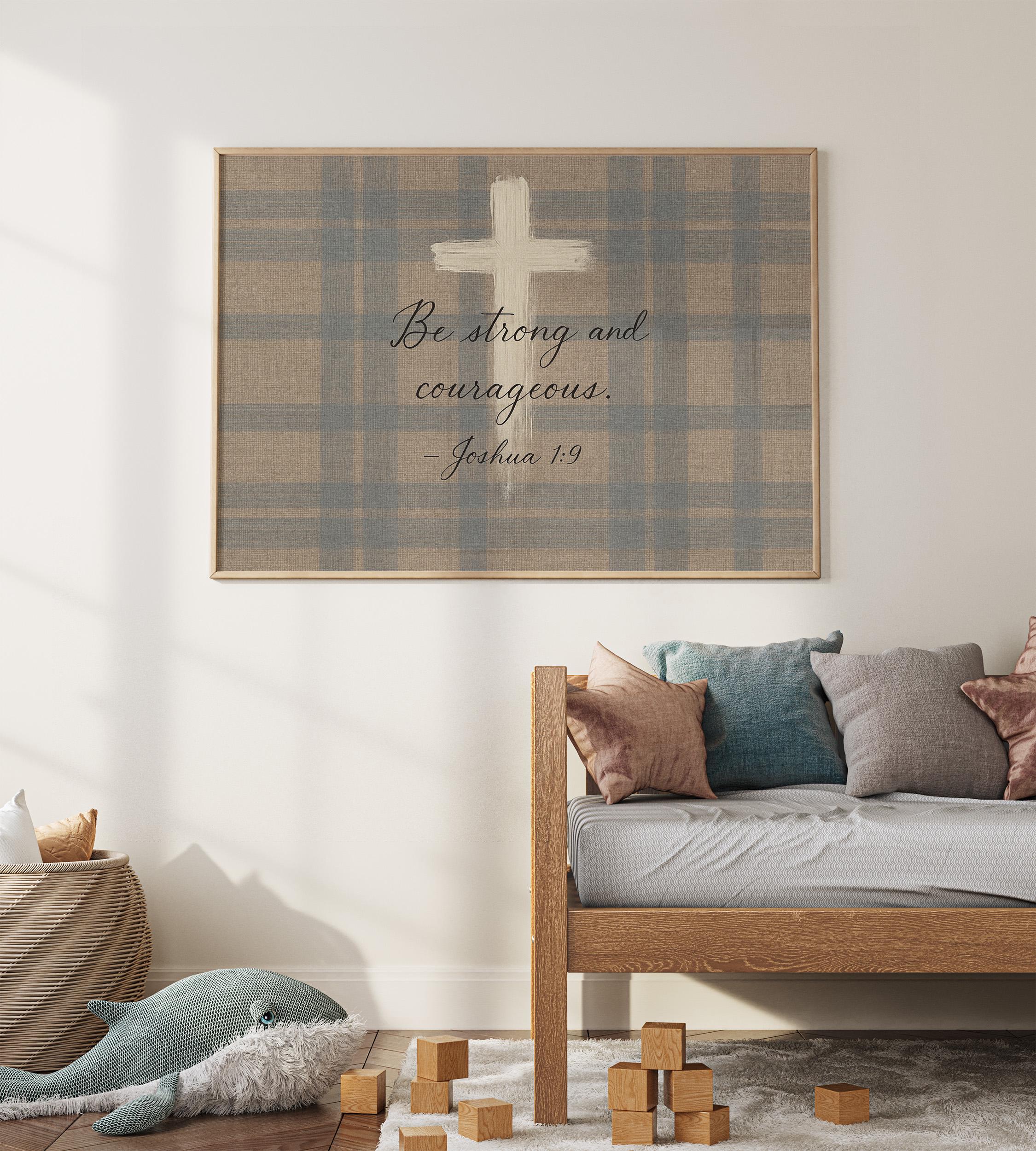 a cozy living room with a wooden bench, a plaid blanket, and a child's play area with a whale plush toy. Above the bench, there is a framed Bible verse that reads "Be strong and courageous. Joshua 1:9".