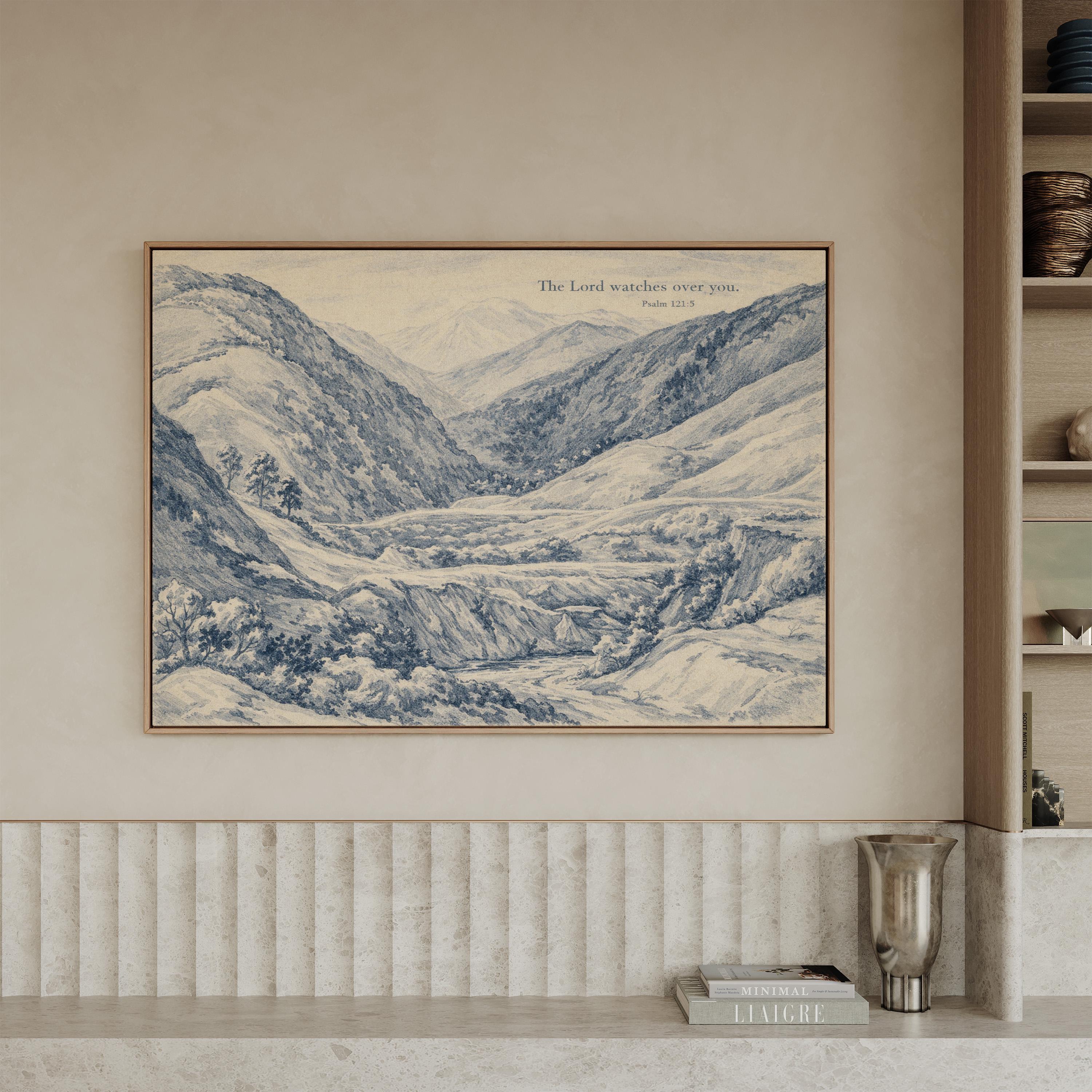 Psalm 121:5 Wall Art Print – The Lord Watches Over You – Blue Mountain Landscape Christian Wall Decor – Vintage Bible Verse Artwork