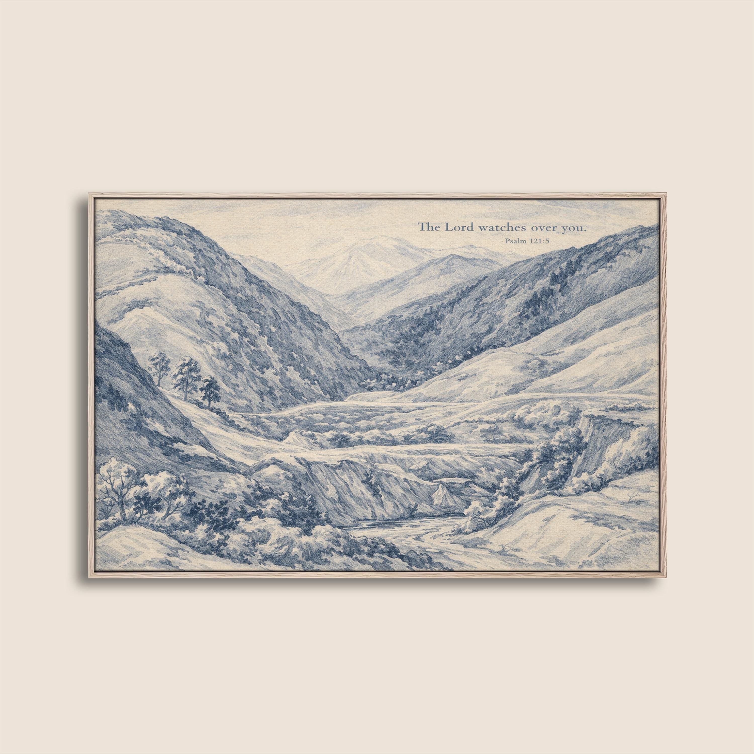 Psalm 121:5 Wall Art Print – The Lord Watches Over You – Blue Mountain Landscape Christian Wall Decor – Vintage Bible Verse Artwork