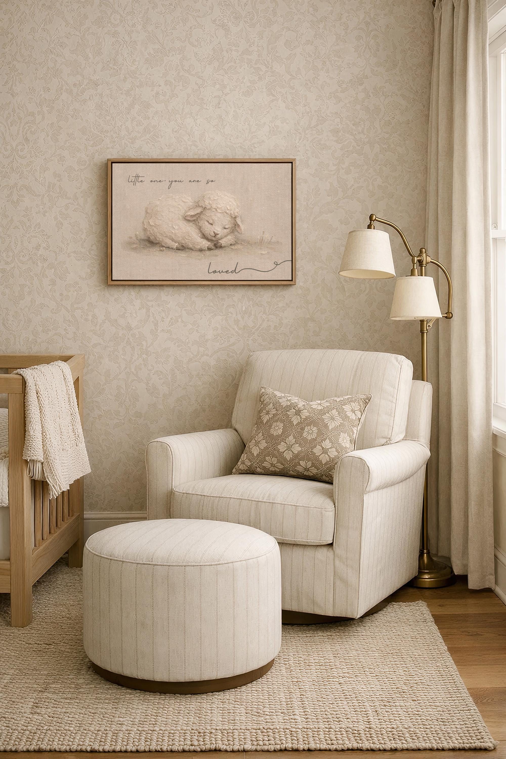 So Small, So Loved – Heirloom Lamb Nursery Print in Soft Linen Tones