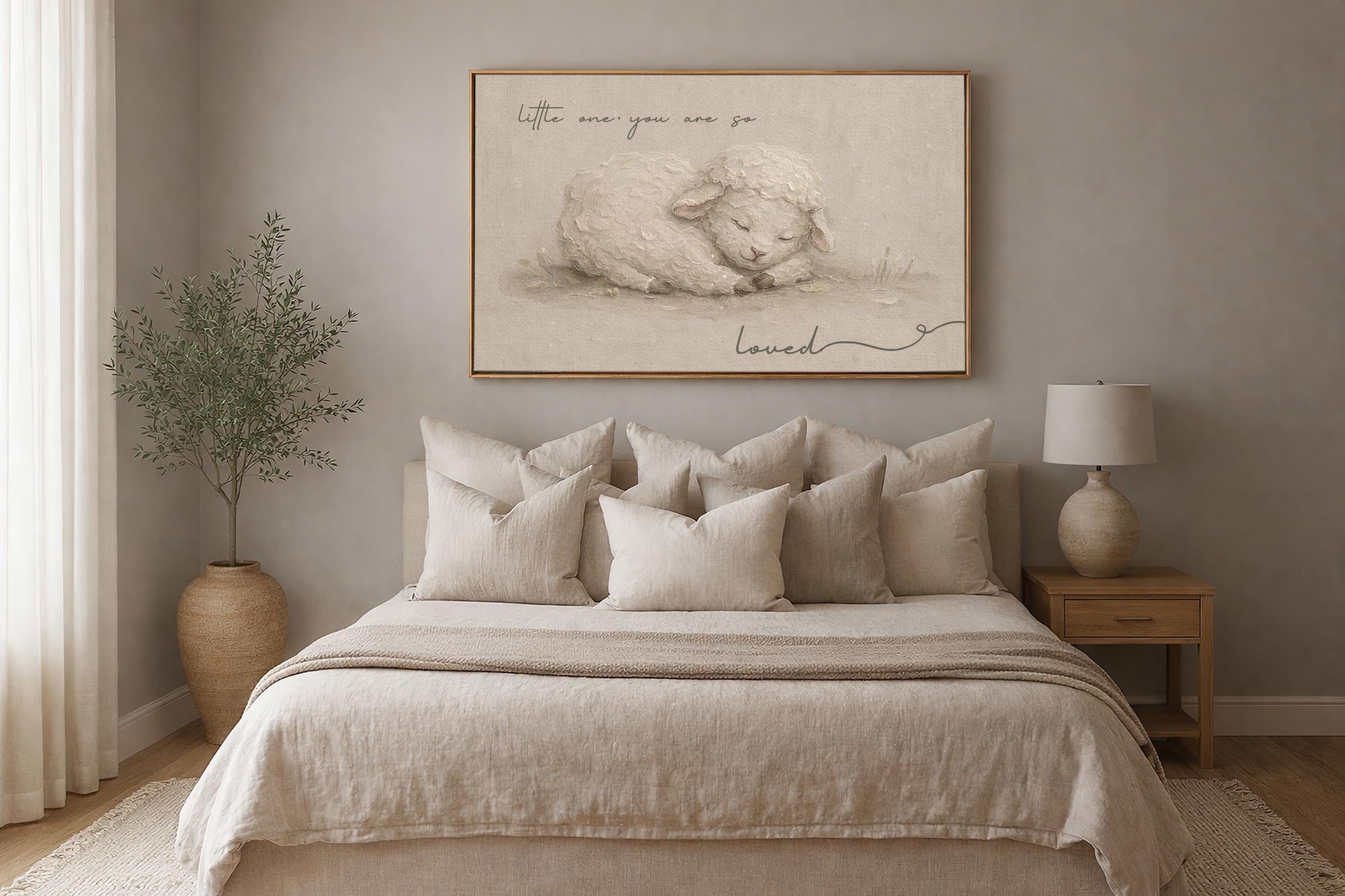 So Small, So Loved – Heirloom Lamb Nursery Print in Soft Linen Tones