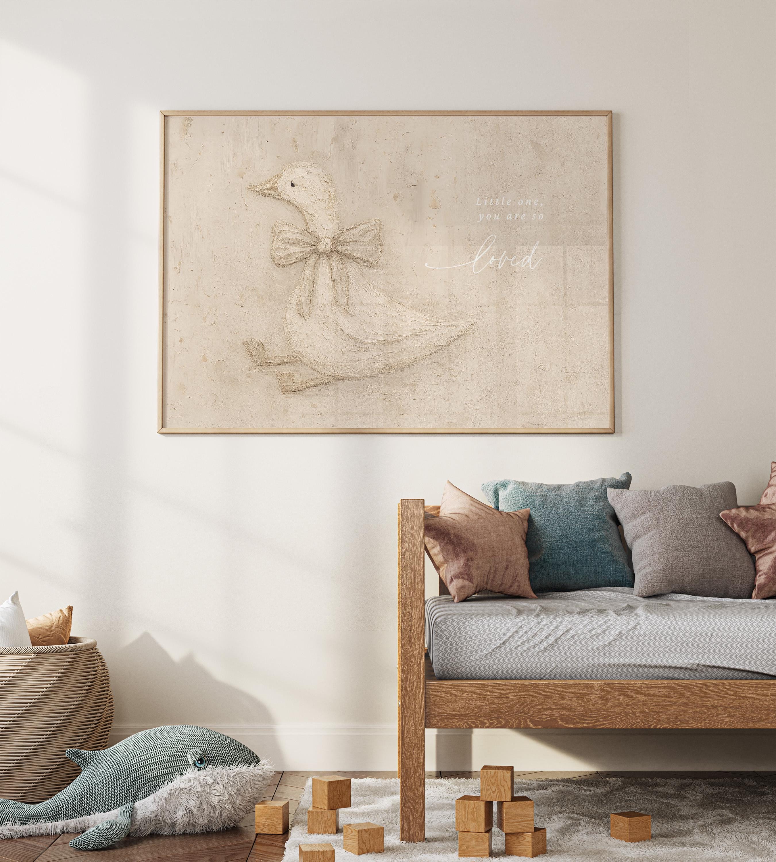 Neutral Duck Nursery Print – Little One You Are So Loved – Baby Girl Room Decor – Vintage Goose Wall Art – Soft Beige Nursery