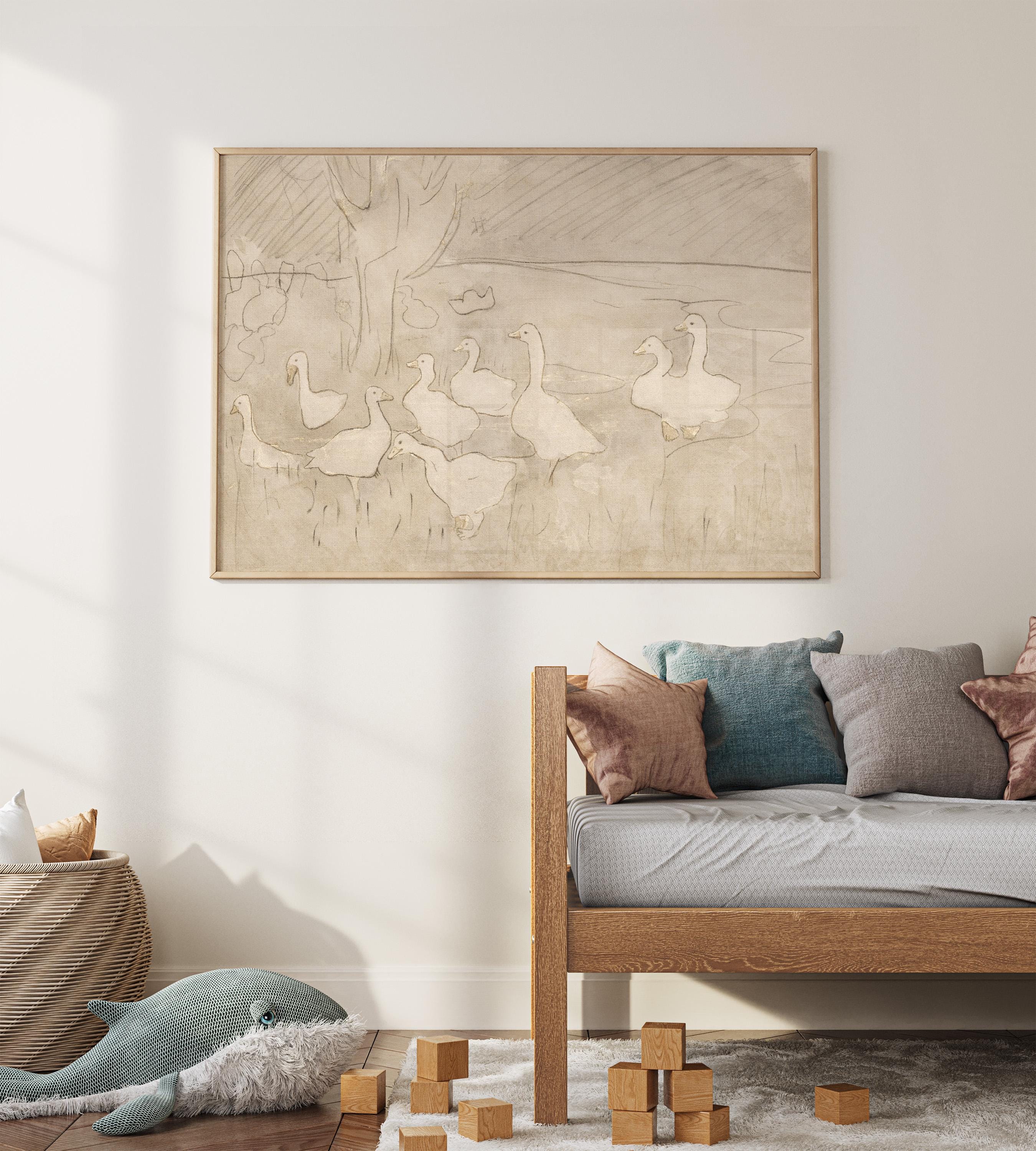 Vintage Goose Wall Art – Neutral Farm Nursery Decor – Beige Bird Print – Cottagecore Baby Room – French Country Nursery